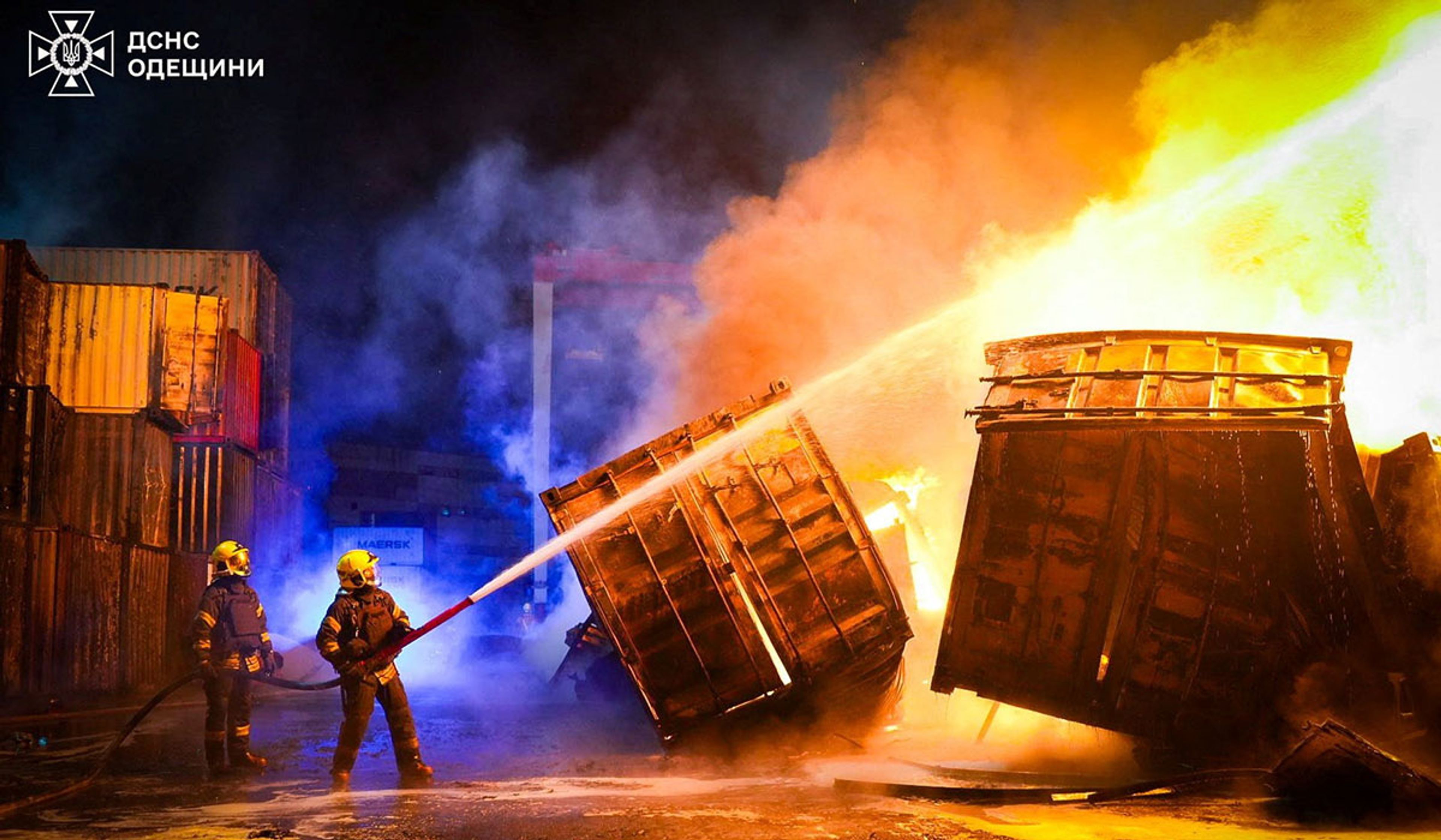 Firefighters work at the site of a Russian drone strike in Odesa Region, Ukraine, in a handout picture released April 2, 2026.