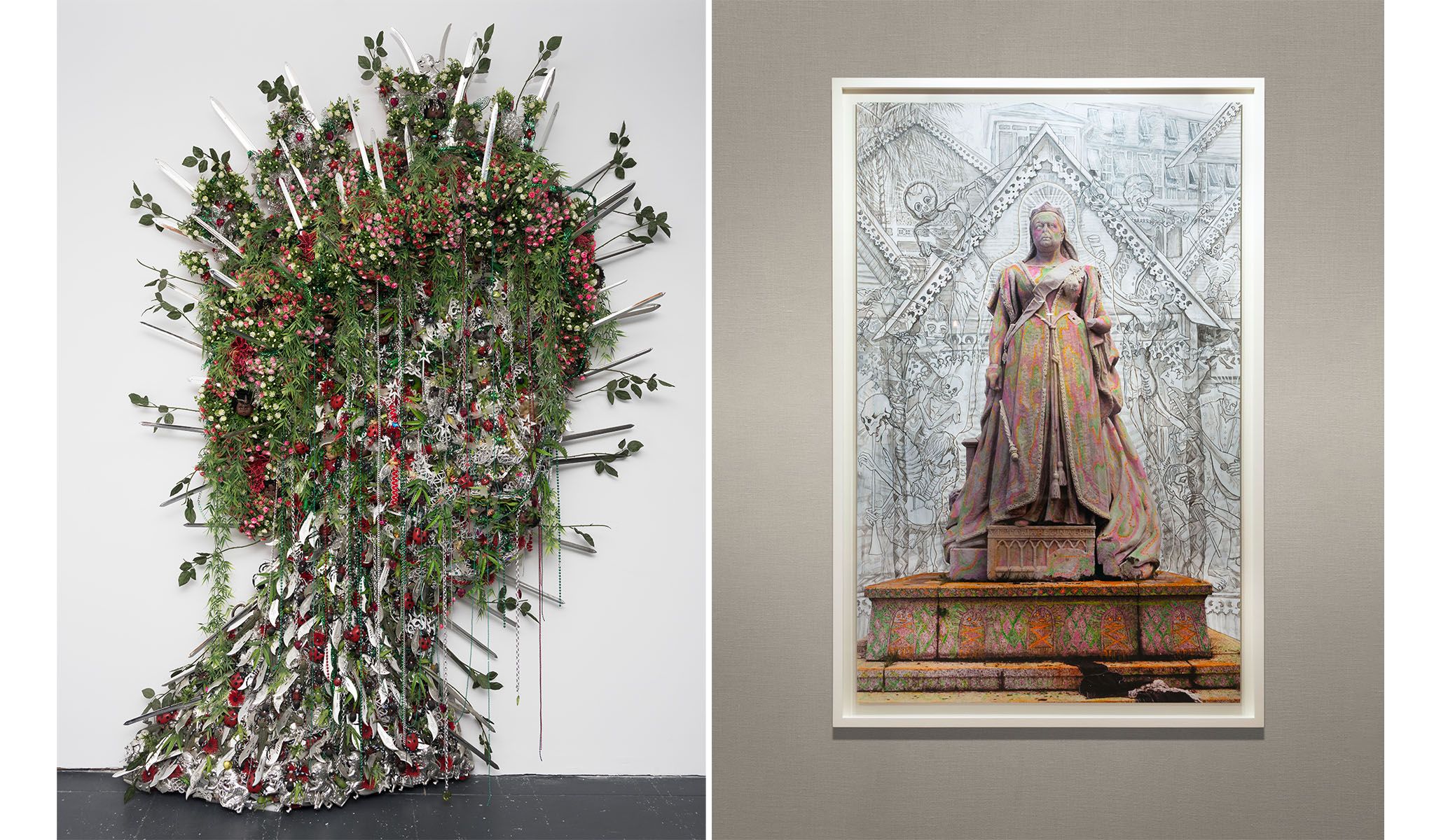 Left : Hew Locke, Koh-i-noor , 2005, mixed media on wood base. (© Hew Locke, image courtesy of Brooklyn Museum) Right : Installation view of a piece from the Hew Locke: Passages exhibition. (Photo by Richard Caspole, courtesy of the Yale Center for British Art)