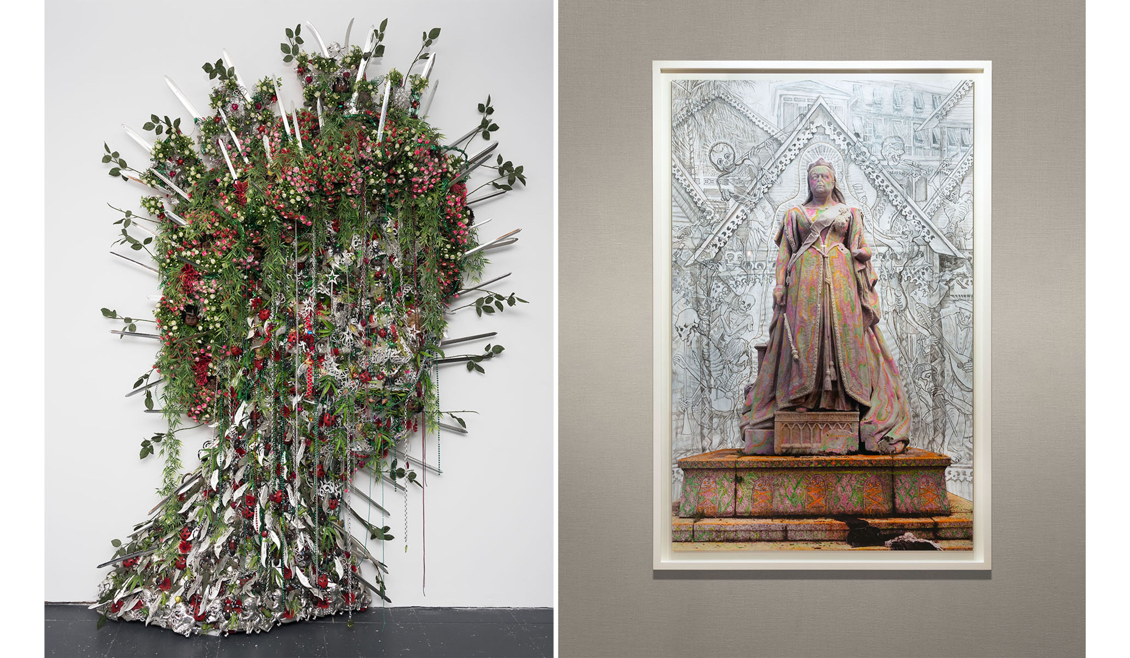 Left : Hew Locke, Koh-i-noor , 2005, mixed media on wood base. (© Hew Locke, image courtesy of Brooklyn Museum) Right : Installation view of a piece from the Hew Locke: Passages exhibition. (Photo by Richard Caspole, courtesy of the Yale Center for British Art)