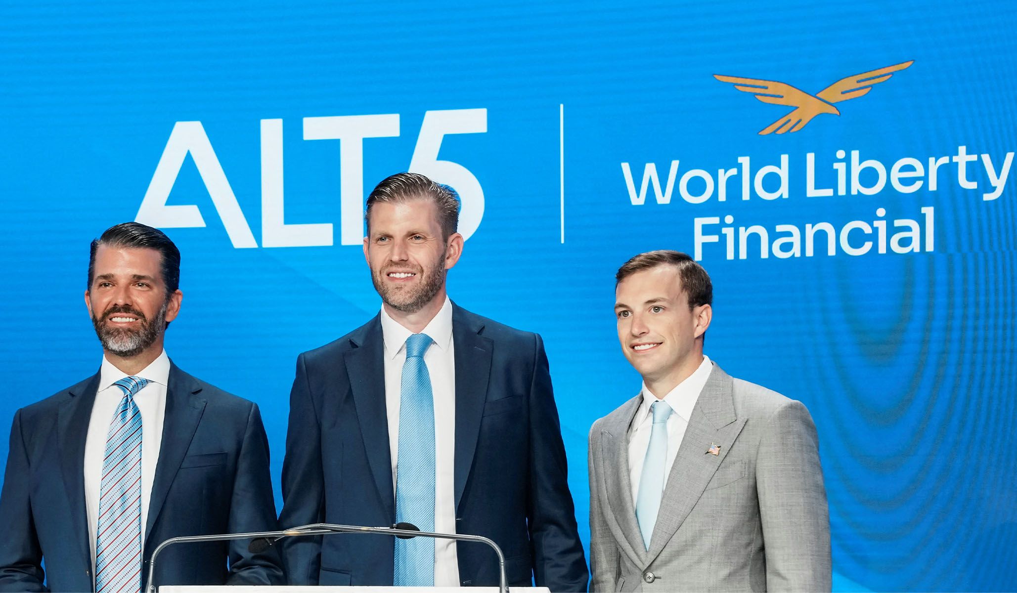 From left: Donald Trump Jr., Eric Trump, and Zach Witkoff ahead of the opening bell at the Nasdaq MarketSite in New York City, August 13, 2025.