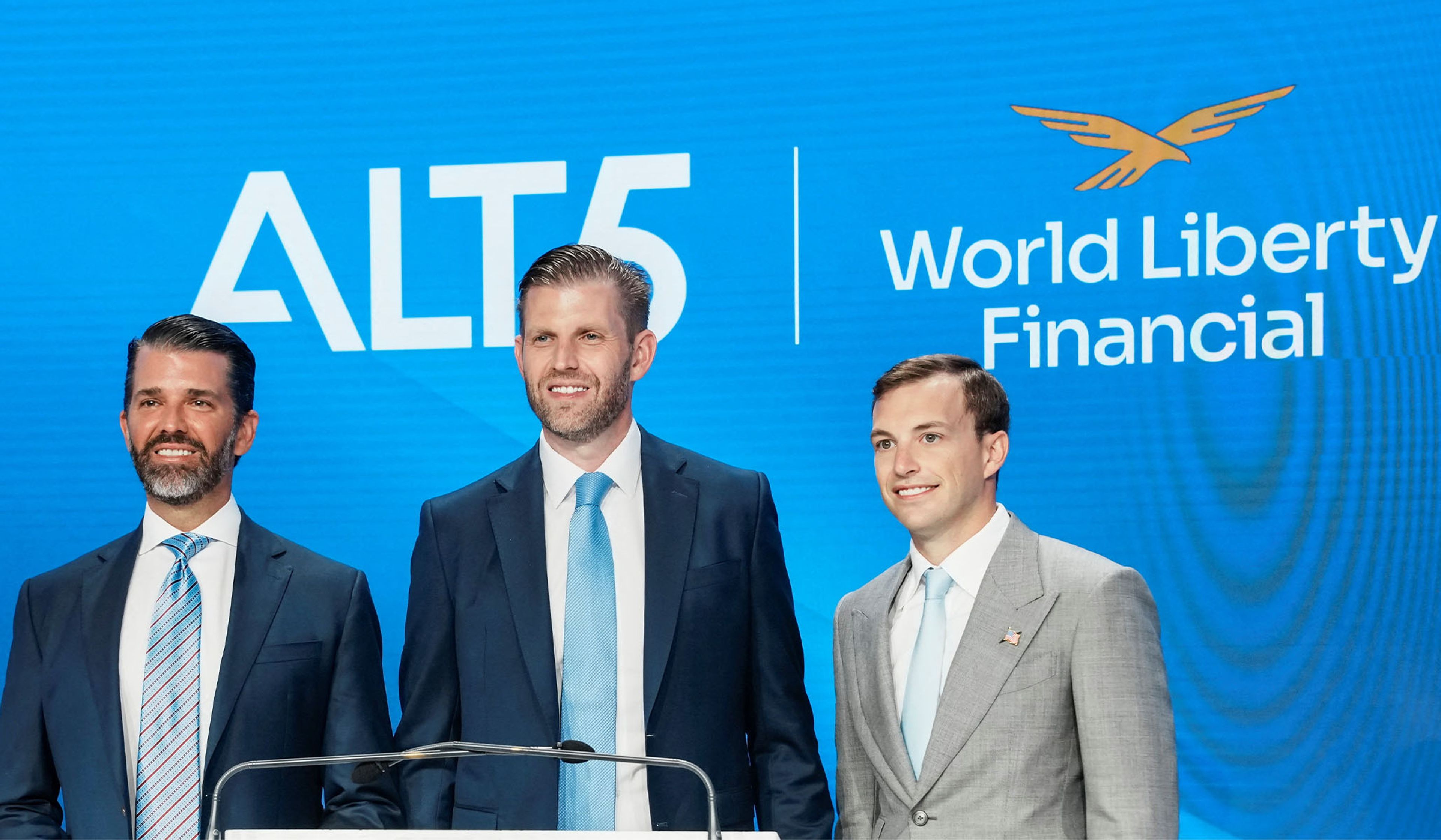 From left: Donald Trump Jr., Eric Trump, and Zach Witkoff ahead of the opening bell at the Nasdaq MarketSite in New York City, August 13, 2025.