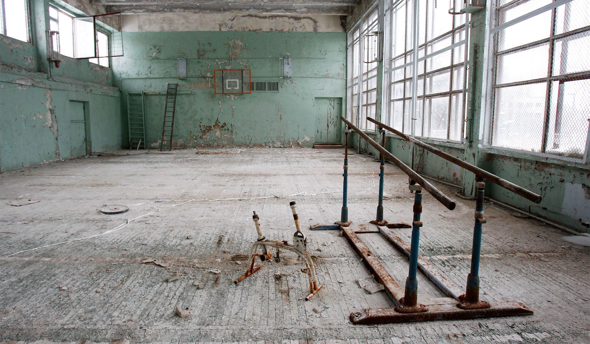 An empty sports gym inside a building in the abandoned city of Pripyat near the Chernobyl nuclear power plant in Ukraine, February 24, 2011.
