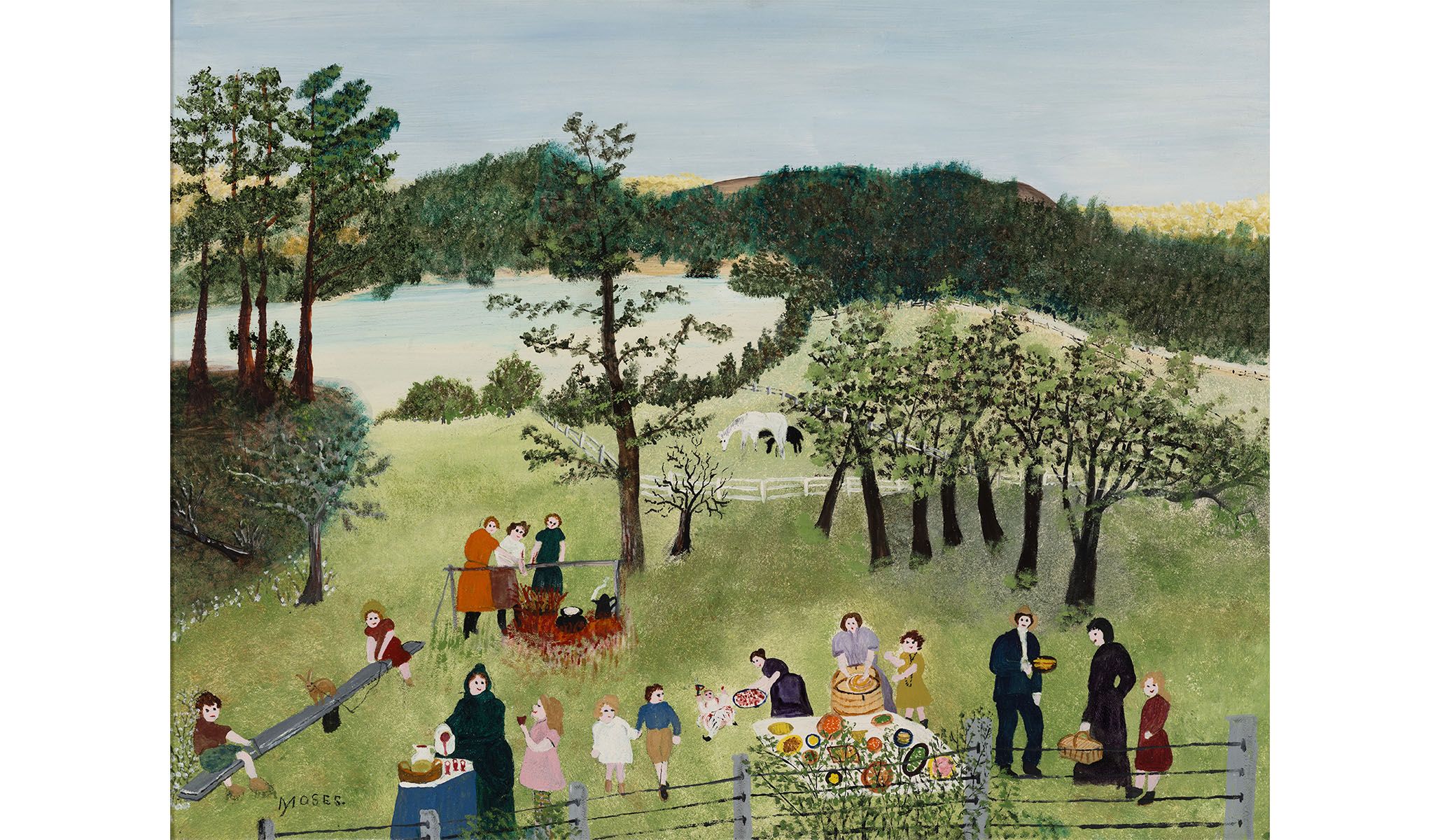 Grandma Moses, The Family Picnic , 1951, oil on high-density fiberboard.