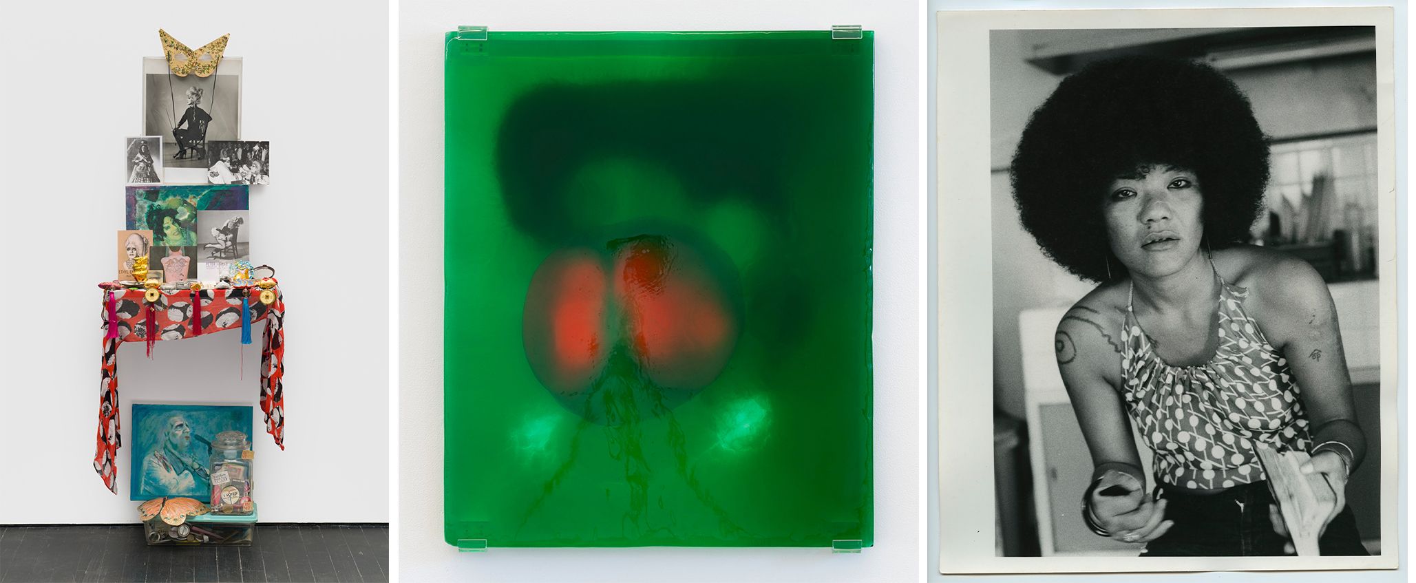 Variety at the 2026 Biennal. Left : Agosto Machado, Ethyl (Altar) , 2024. Center : Nour Mobarak, Recto Verso 1.1 (Coral Green) , 2024–2025. Right : Mao Ishikawa, Untitled, from the series Akabanā (Red Flowers) , 1975–1977, gelatin silver print.