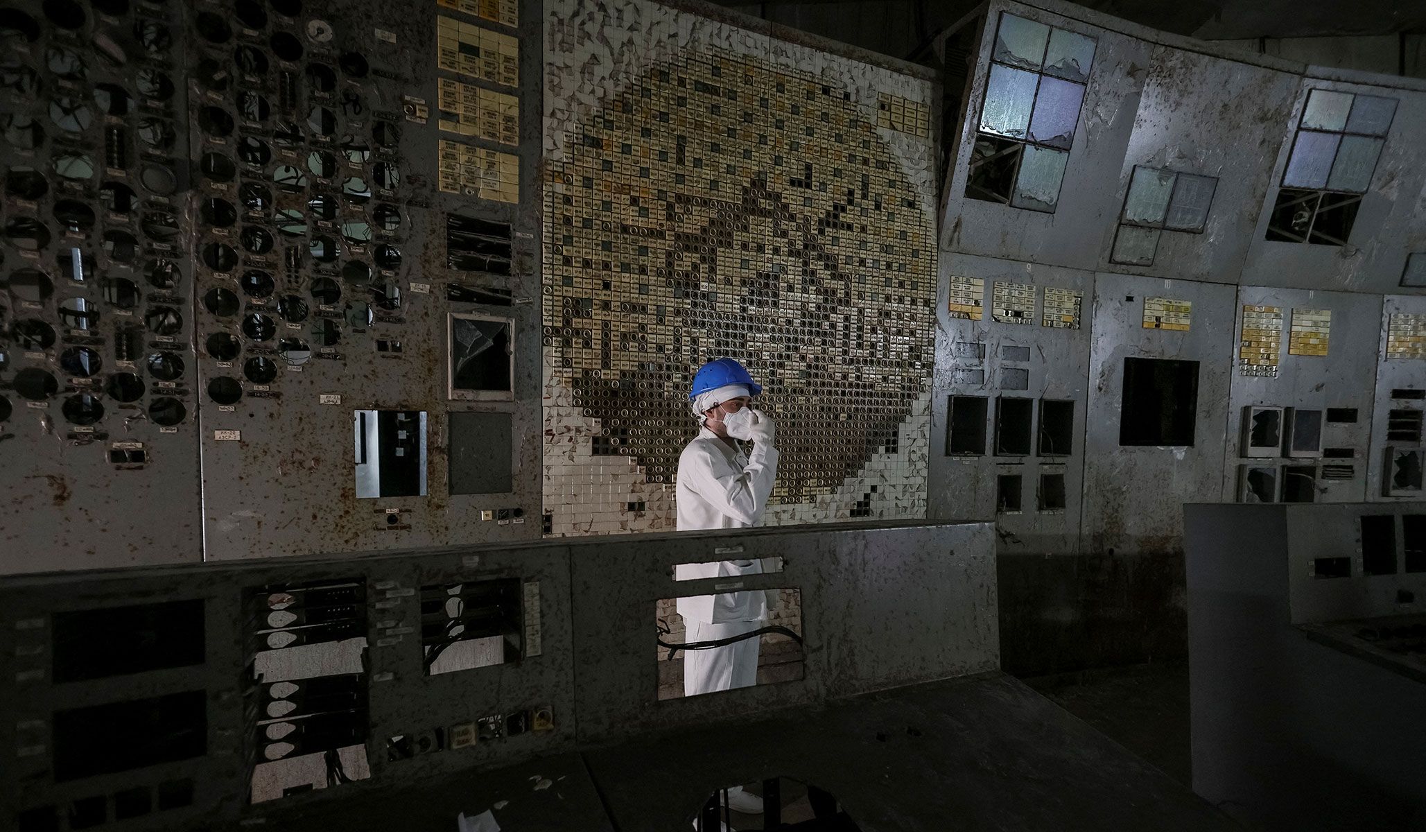 An employee visits a control center of the damaged fourth reactor at the Chernobyl nuclear power plant in Kyiv Region, Ukraine, April 22, 2026.