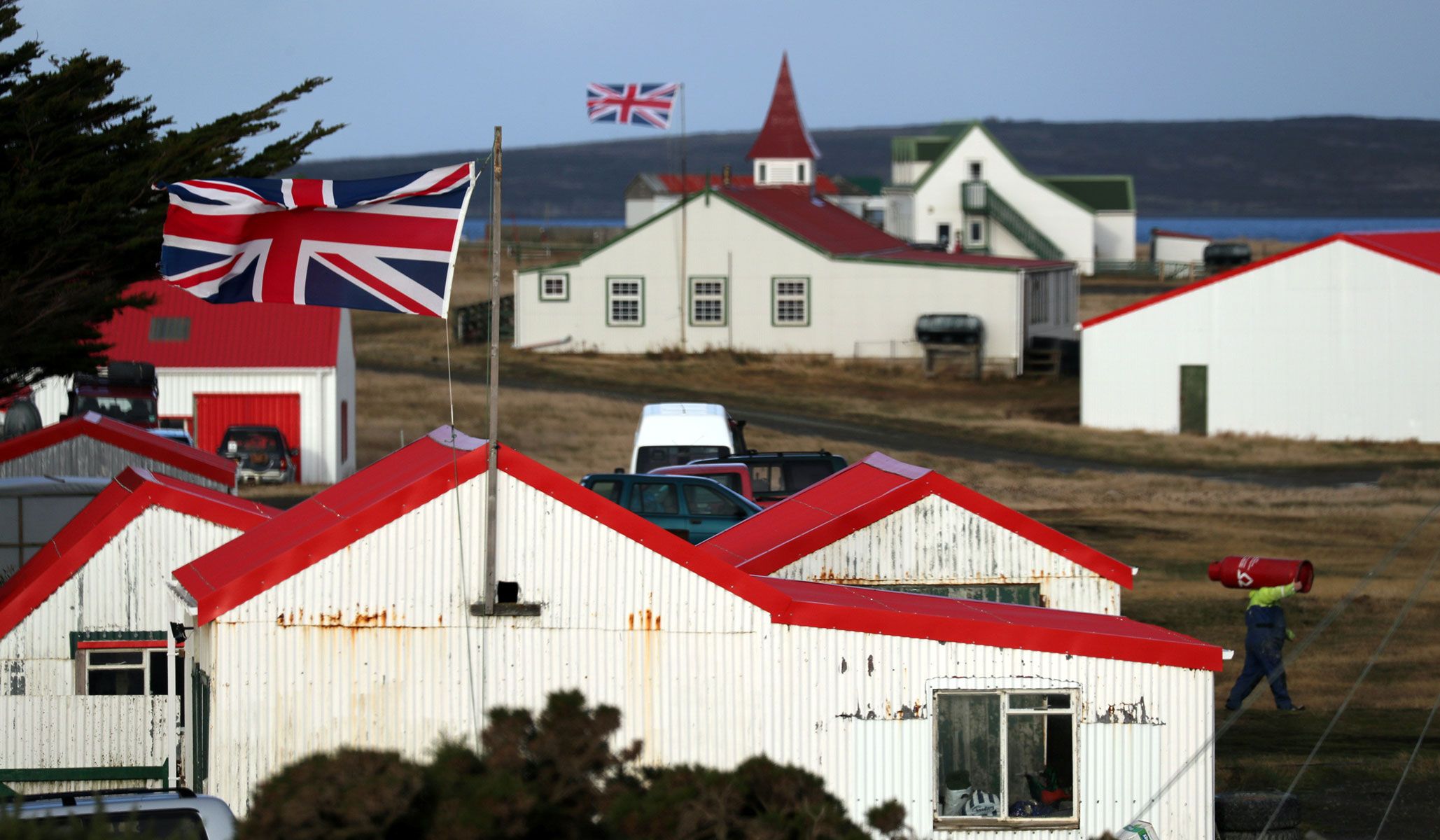 Union Jacks in Goose Green, Falkland Islands, in 2018