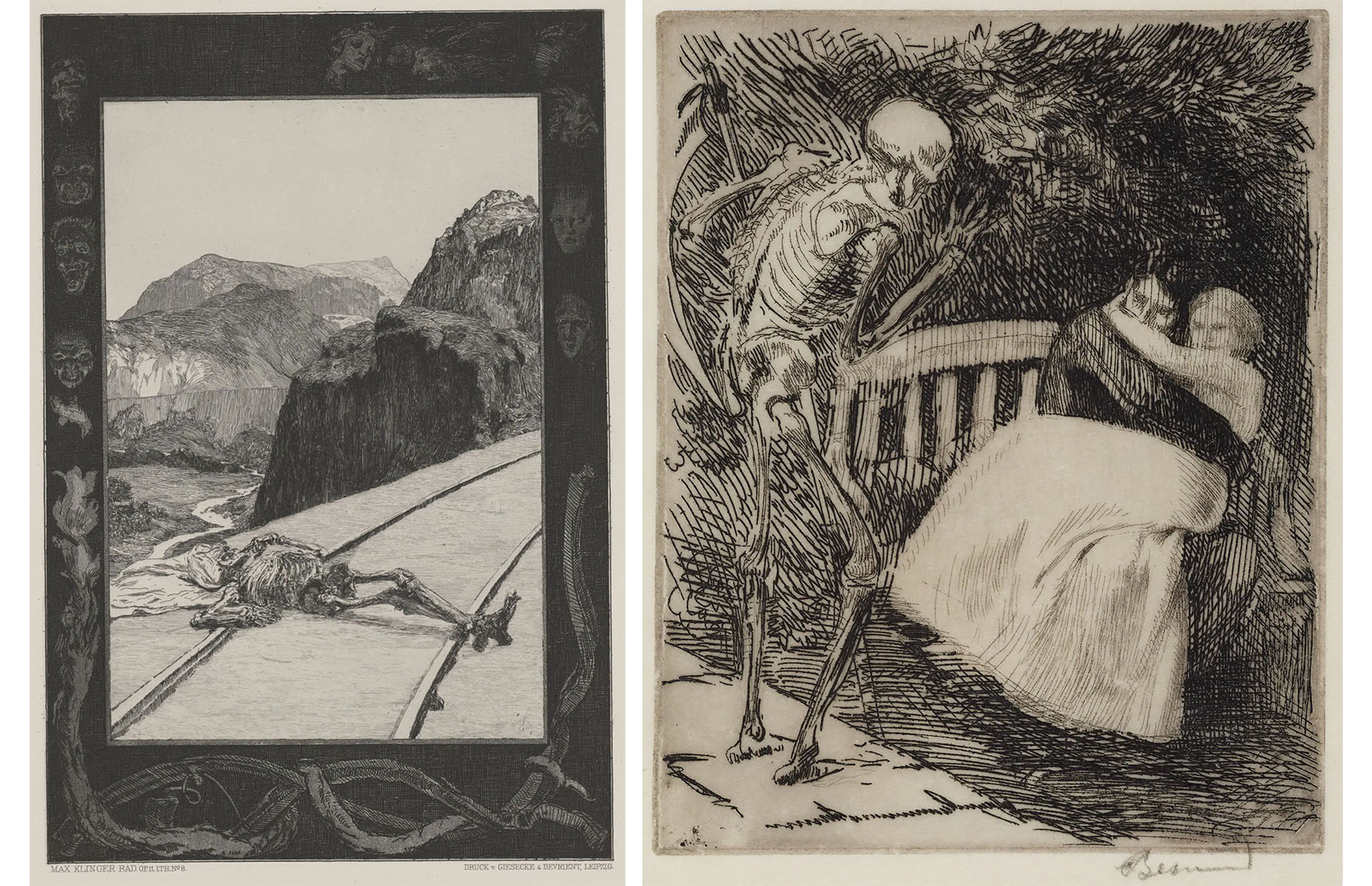 Left : Max Klinger, On the Tracks , from the portfolio On Death I, Part I, Opus XI , 1885–1889, published 1897. Right : Albert Besnard, Warning , from the series Elle , 1900.