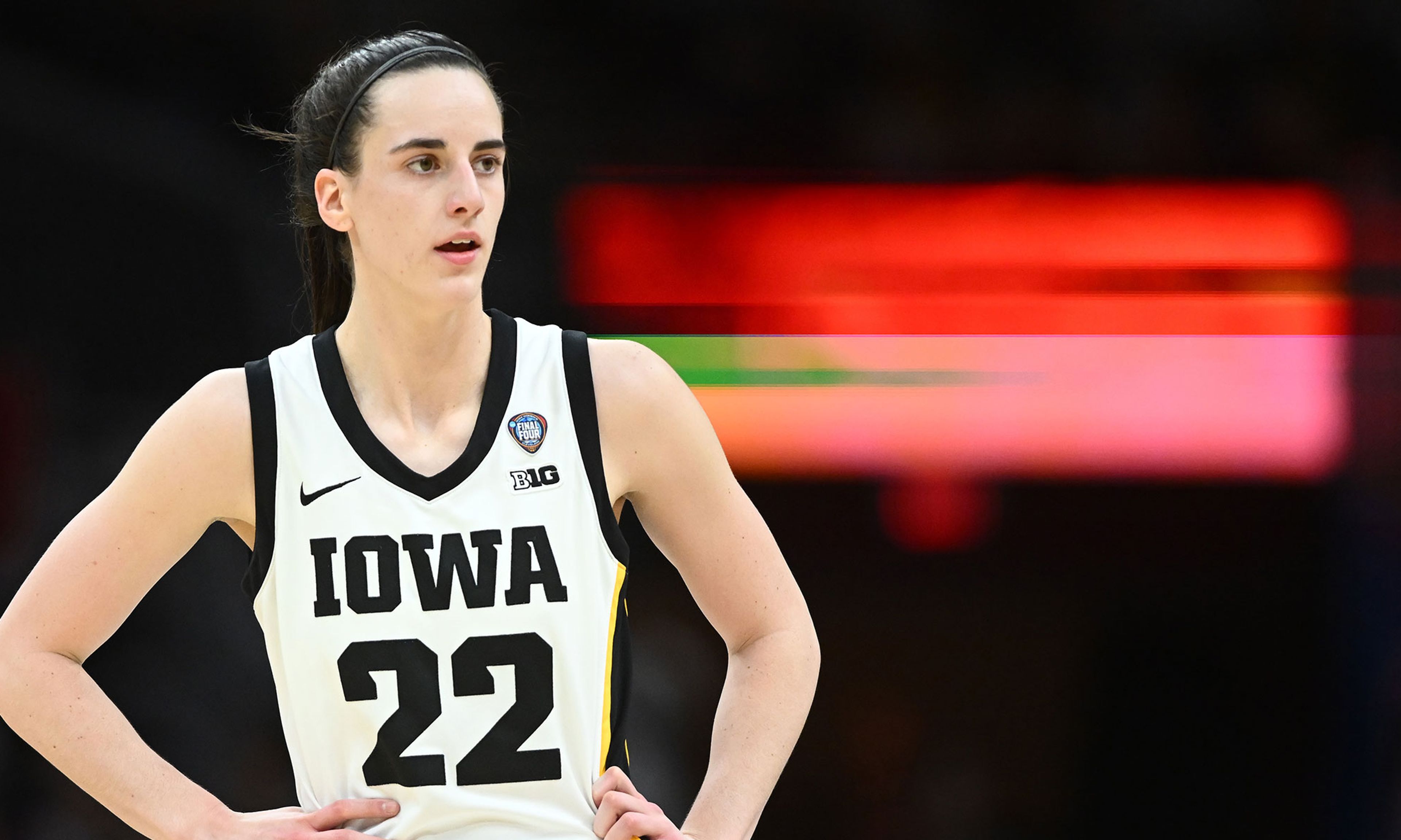 Iowa Hawkeyes guard Caitlin Clark (22) reacts against the Connecticut Huskies in the semifinals of the Final Four of the womens 2024 NCAA Tournament at Rocket Mortgage FieldHouse in Cleveland, Ohio, April 5, 2024.