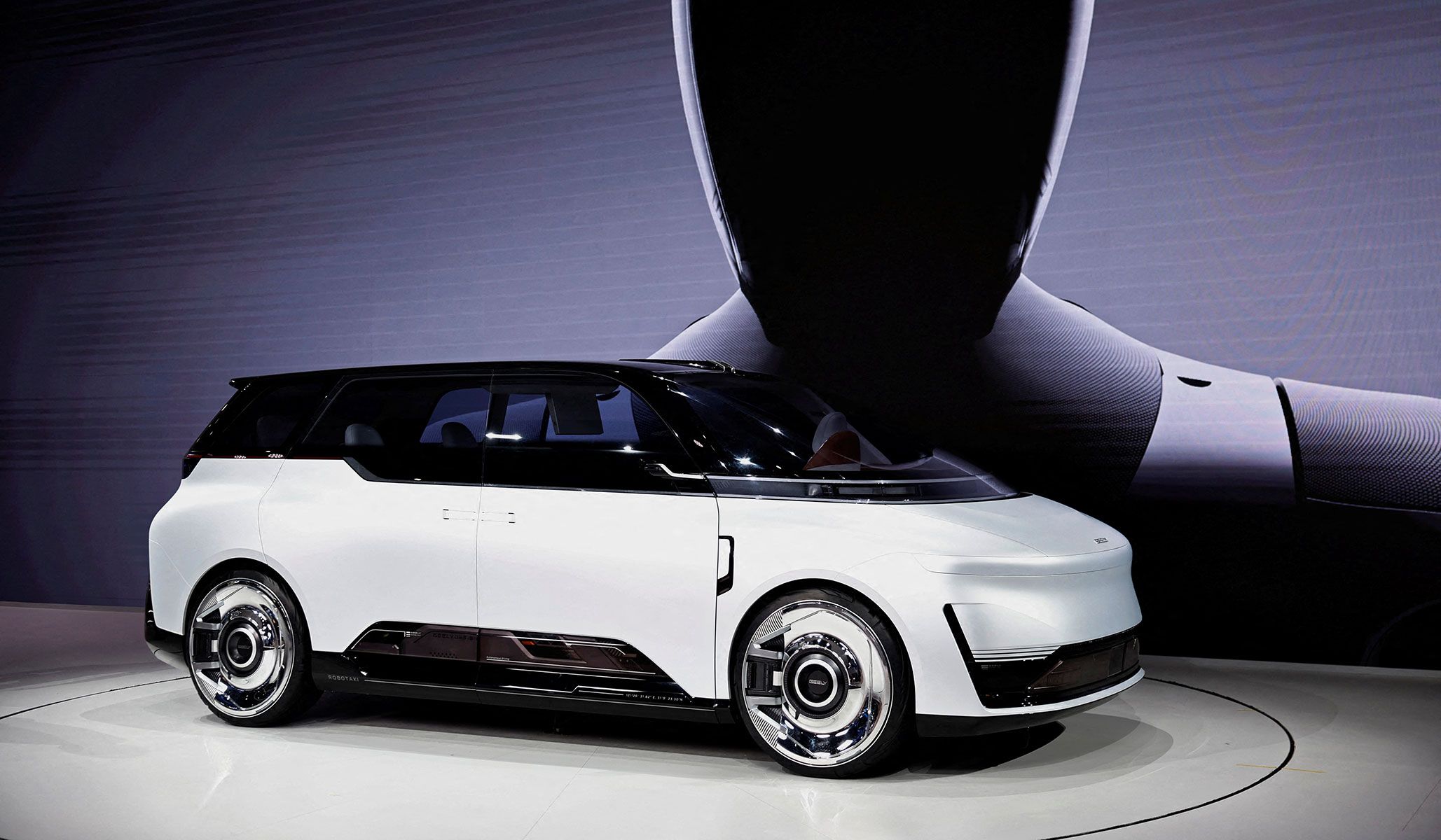 Geely's Robotaxi prototype Eva Cab at the Beijing International Automotive Exhibition in Beijing, China, April 24, 2026.