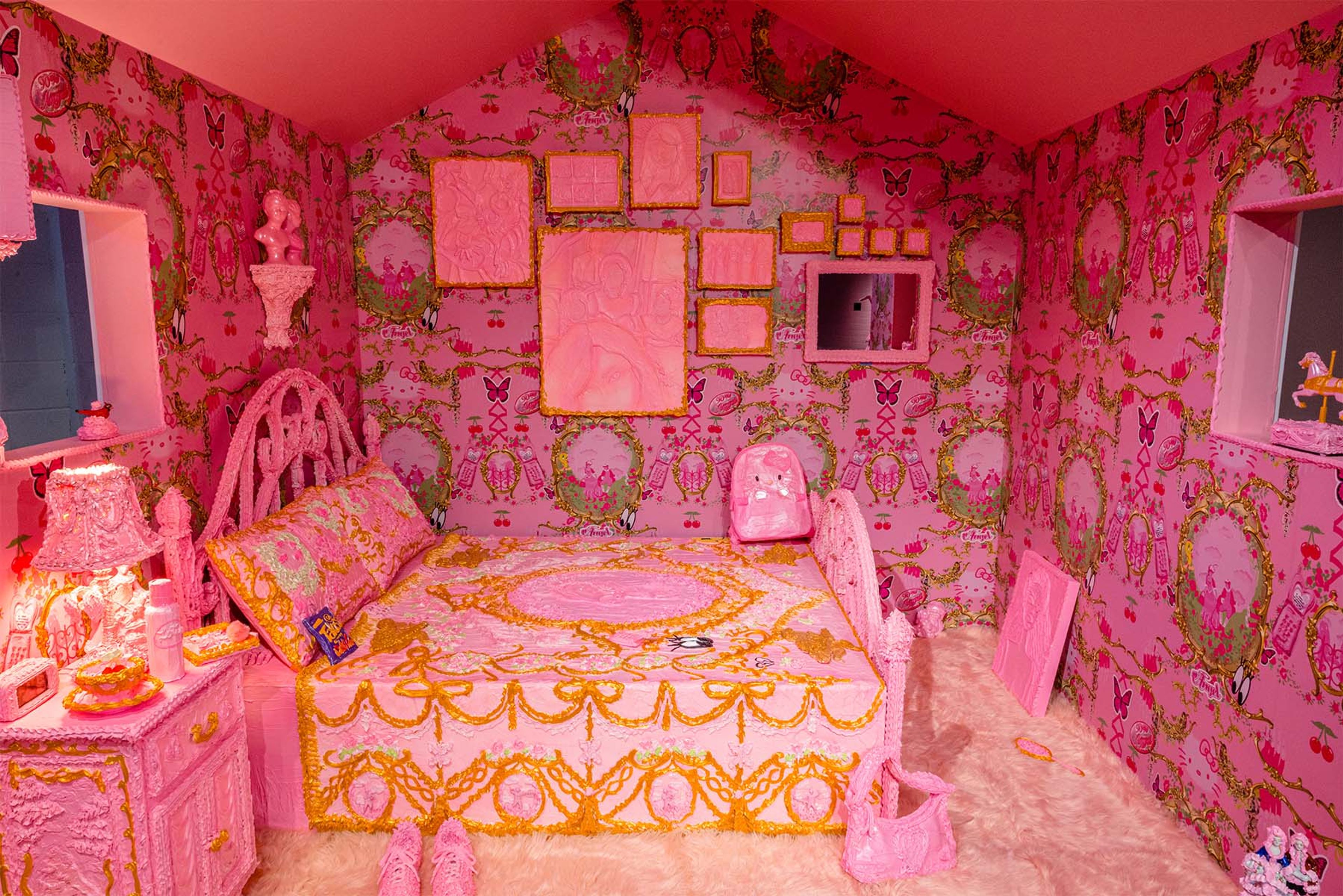 Yvette Mayorga, Bedroom After 15th (detail), 2022, mixed-media installation with acrylic piping, found objects, canvas, and video.