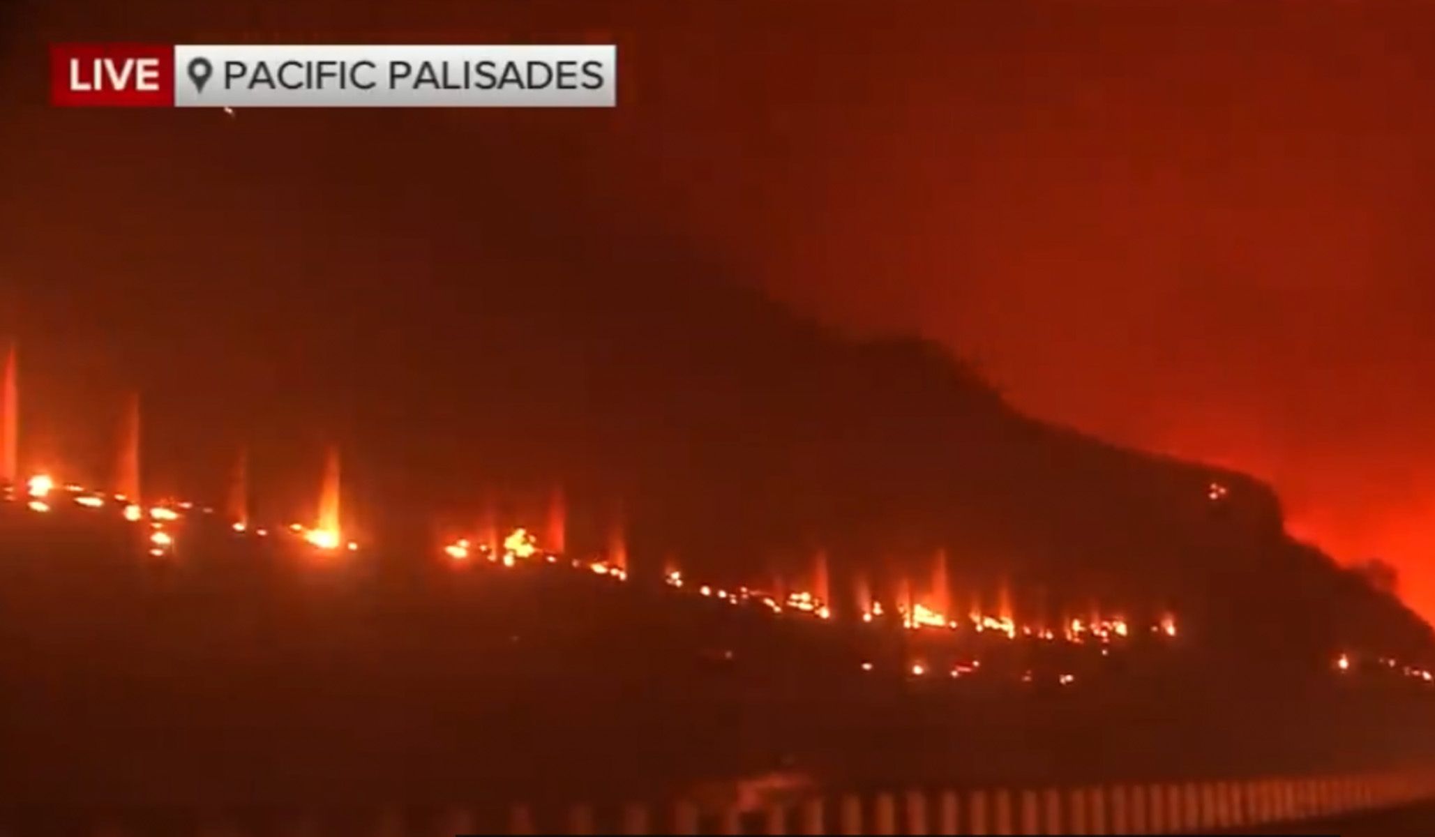 Screen grab of the fire as it approached the Getty Villa in Malibu.