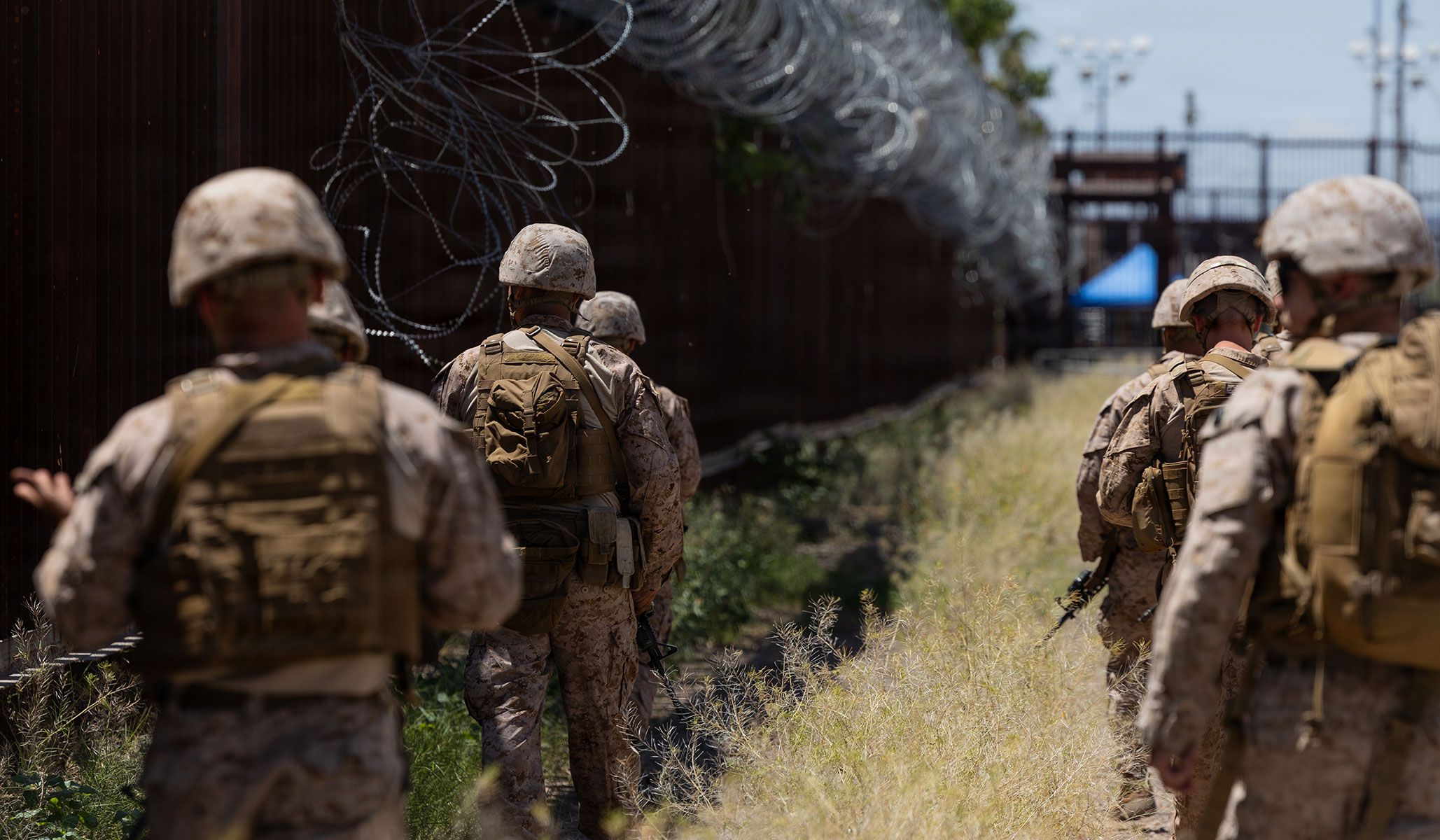 U.S. Marines with Eighth Engineer Support Battalion, Second Marine Logistics Group, and Combat Logistics Battalion Seven, First Marine Logistics Group, all assigned to Joint Task Force-Southern Border, conduct reconnaissance along the U.S.-Mexico border barrier in Douglas, Ariz., April 20, 2026.
