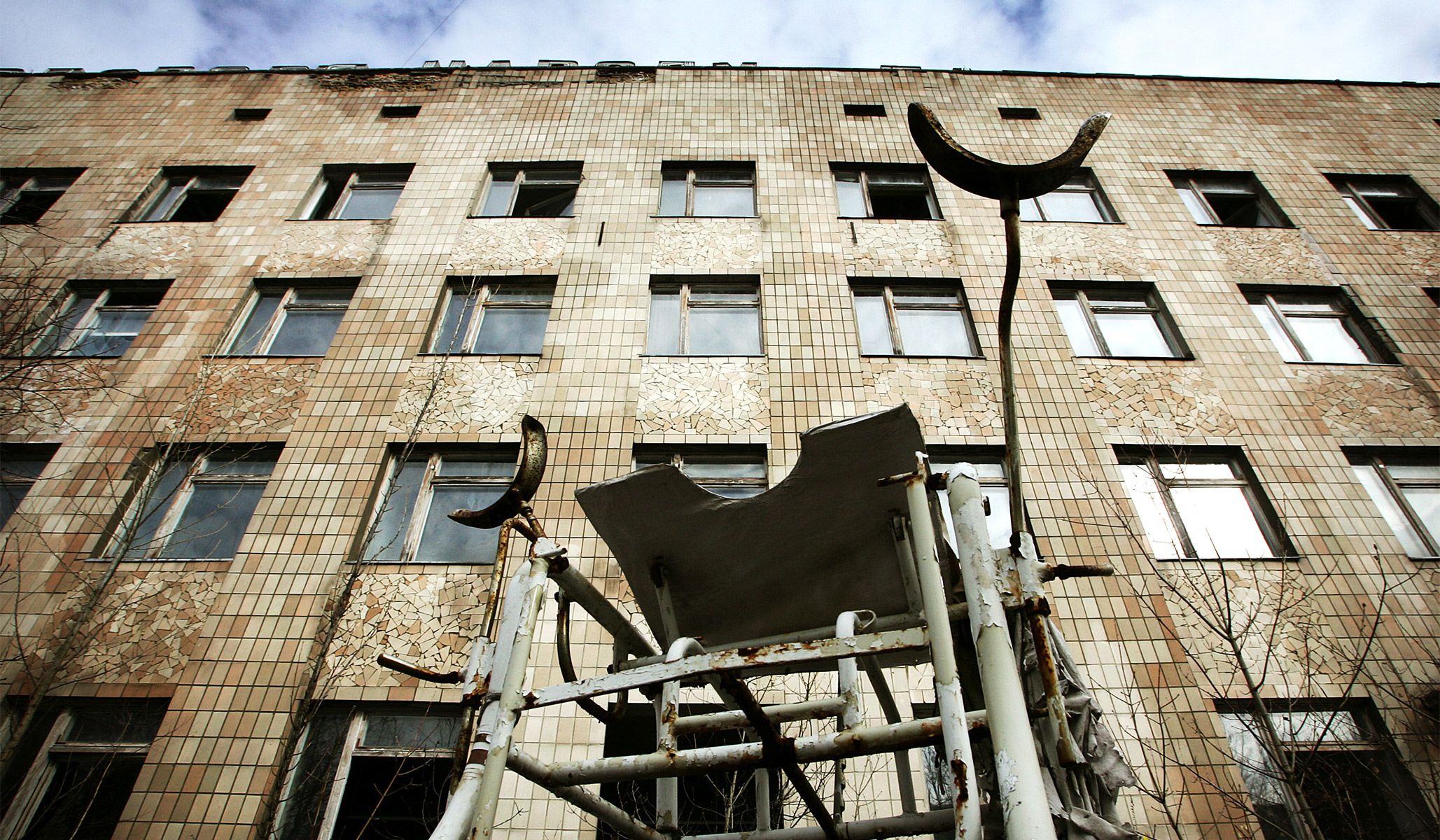 Medical equipment in front of a hospital in the abandoned town of Pripyat near the Chernobyl nuclear power plant in Ukraine, March 31, 2006.