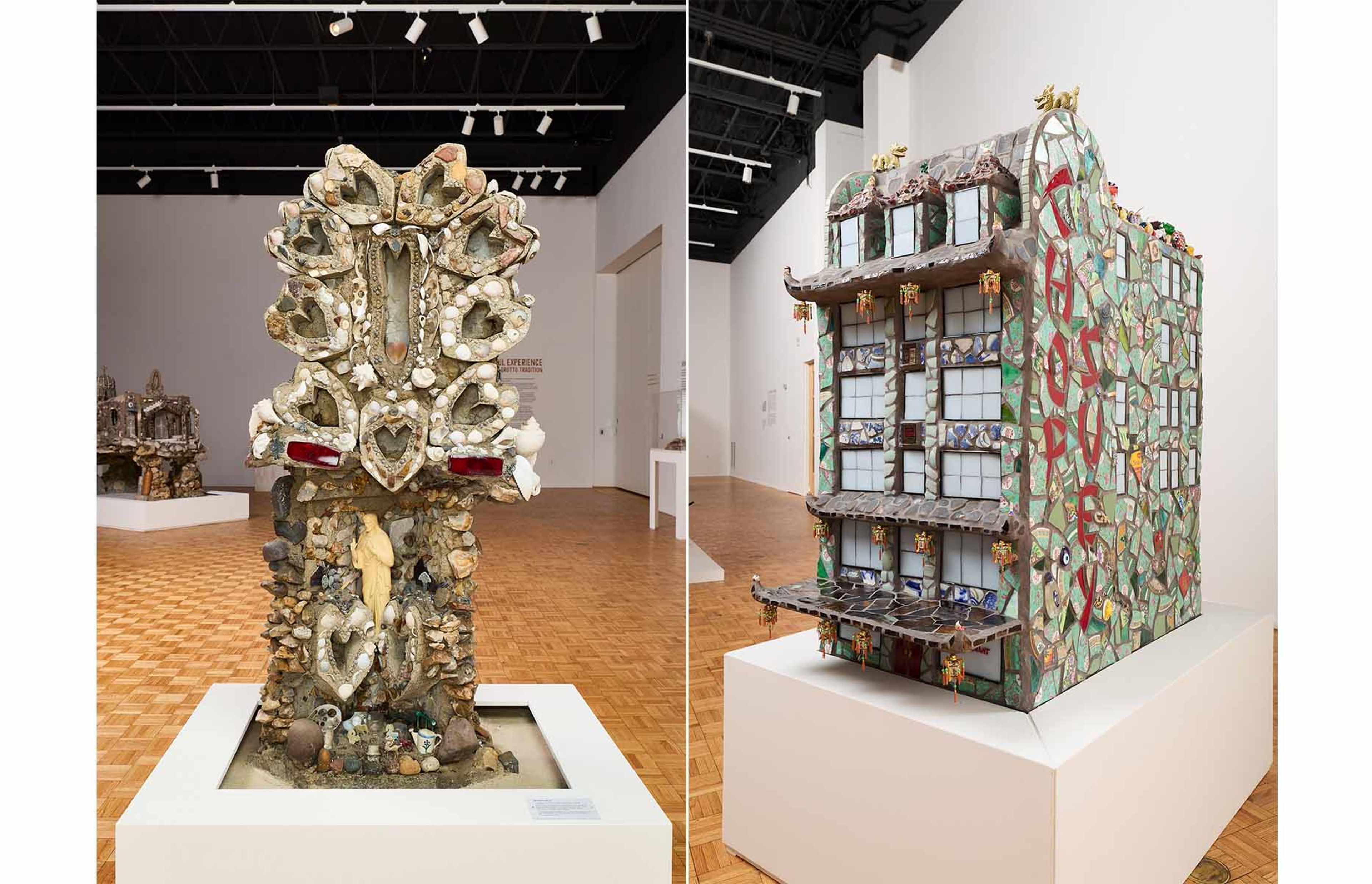 Left : Madeline Buol, Untitled (Sacred Heart Shrine) , c. 1948, concrete, stones (including quartz, granite, and metamorphic and igneous rocks from glacial outwash), marbles, shells, glass, ceramic, metal, and plastic. (Photo courtesy of John Michael Kohler Arts Center) Right : Stephanie H. Shih, Toy Building (1915–1939) , 2025, mixed media. (Courtesy of the artist, photo courtesy of John Michael Kohler Arts Center)
