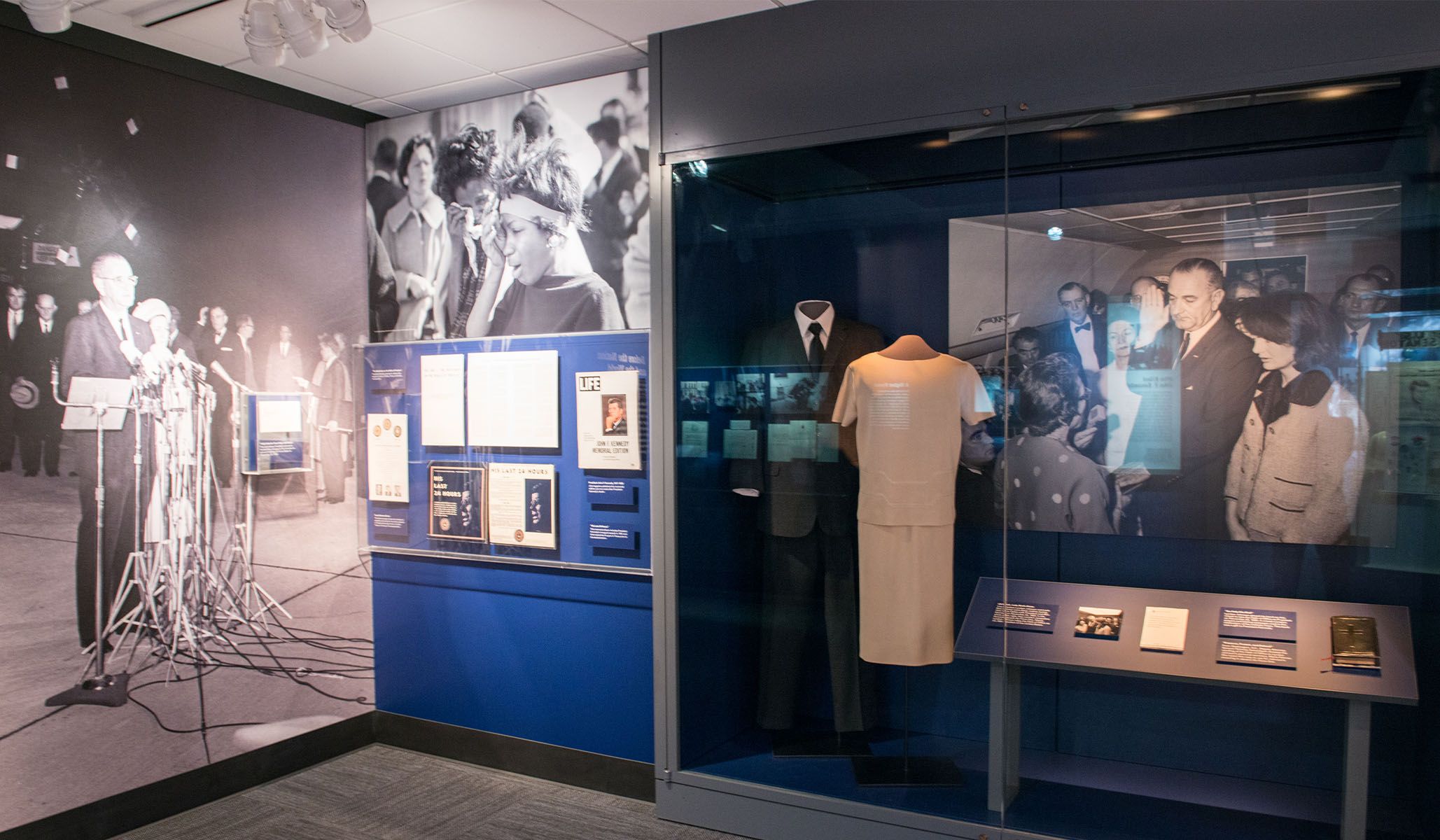 The fateful day in Dallas, as interpreted at the museum, with artifacts like Lady Bird’s dress and the Bible on which Johnson took the Oath of Office.