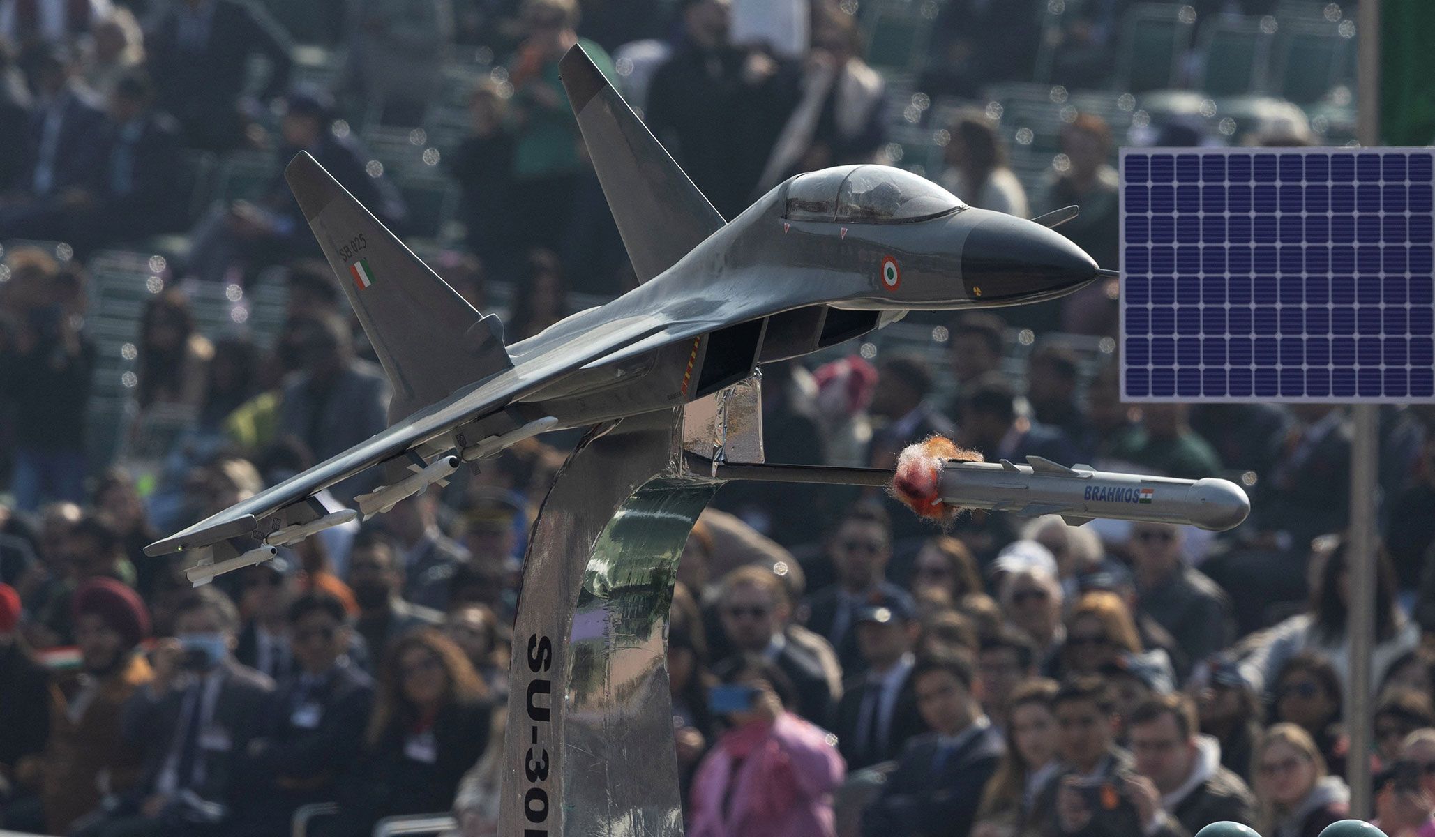 A model of an Indian Air Force's Sukhoi Su-30 displayed during the Republic Day parade in New Delhi, India, January 26, 2026.