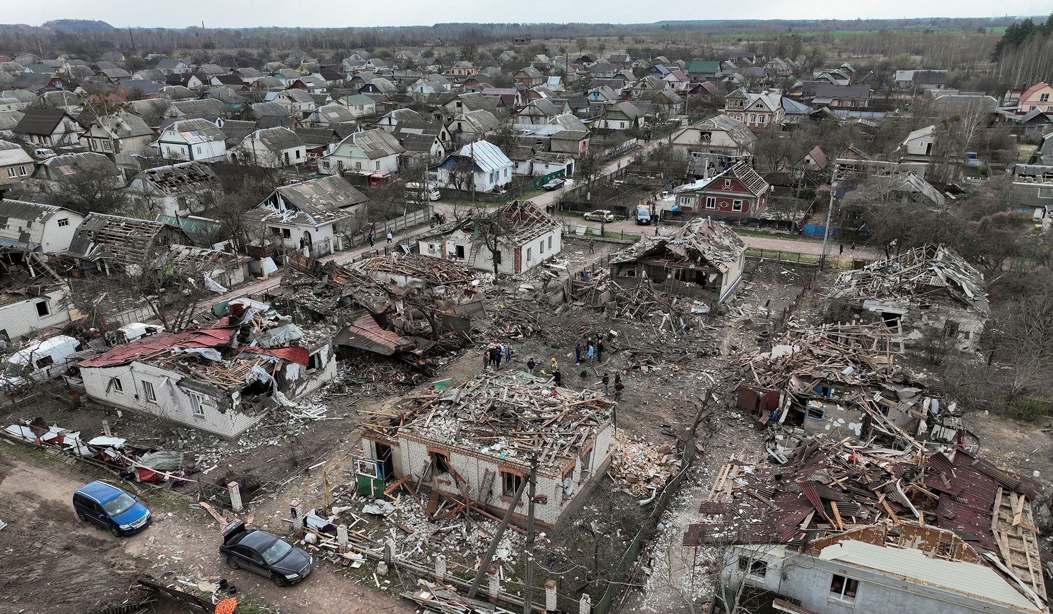 Drone view of the houses destroyed and heavily damaged during a Russian missile strike in Korosten, Zhytomy Region, Ukraine, April 3, 2026.