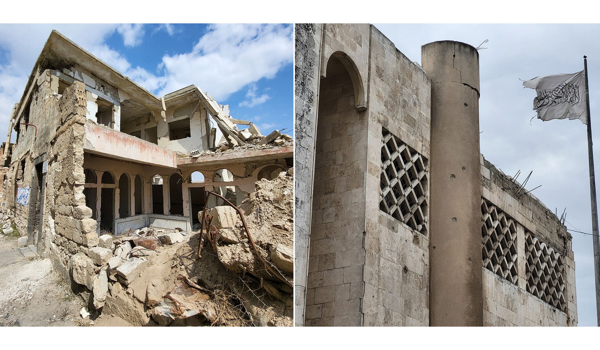 Left: The Jobar Synagogue, or what’s left of it. Right: The Islamist shahada flag flying alongside the missile-damaged Idlib Museum