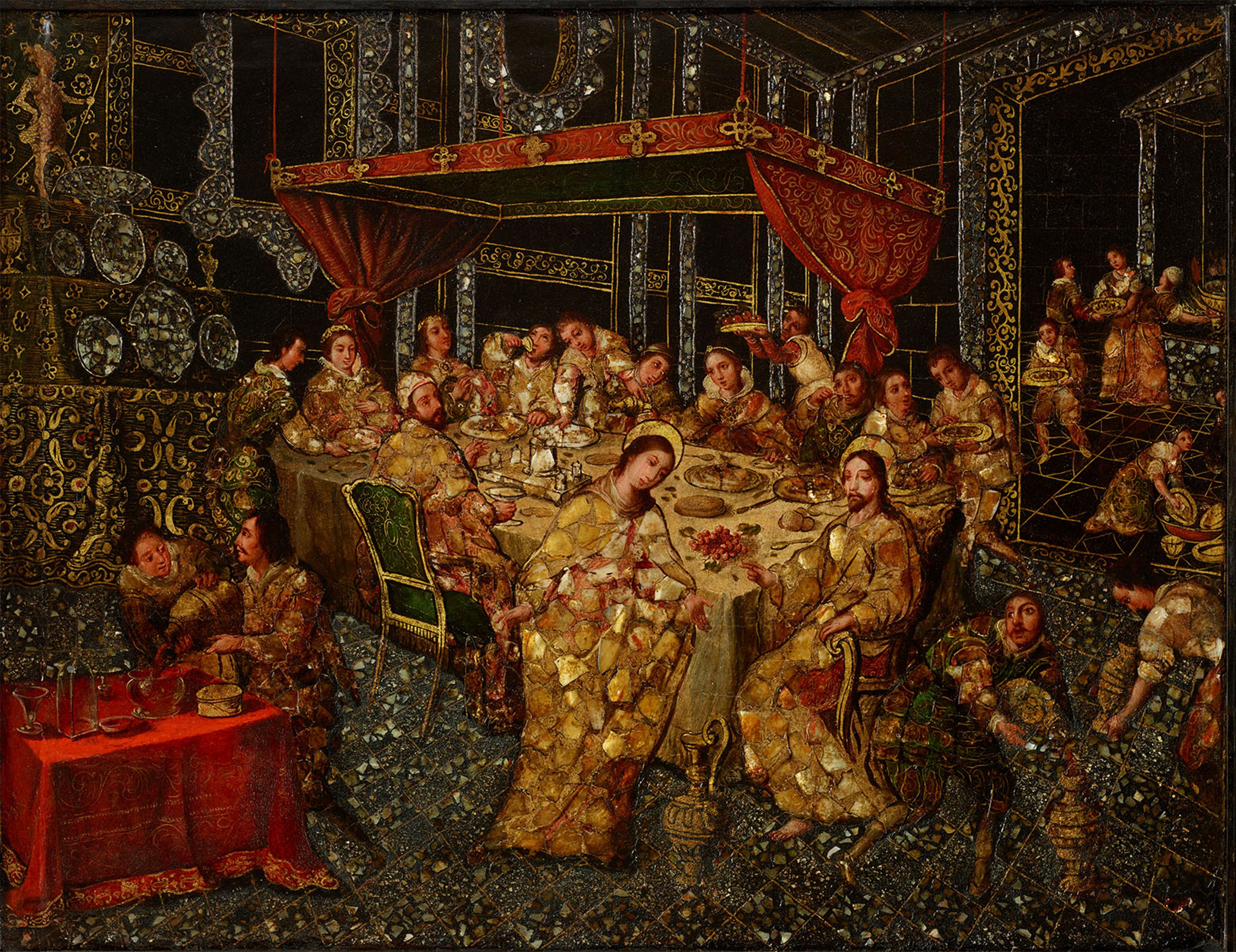 Nicolás de Correa, The Wedding at Cana , 1696, oil and mixed media on wood panel, inlaid with mother-of-pearl.