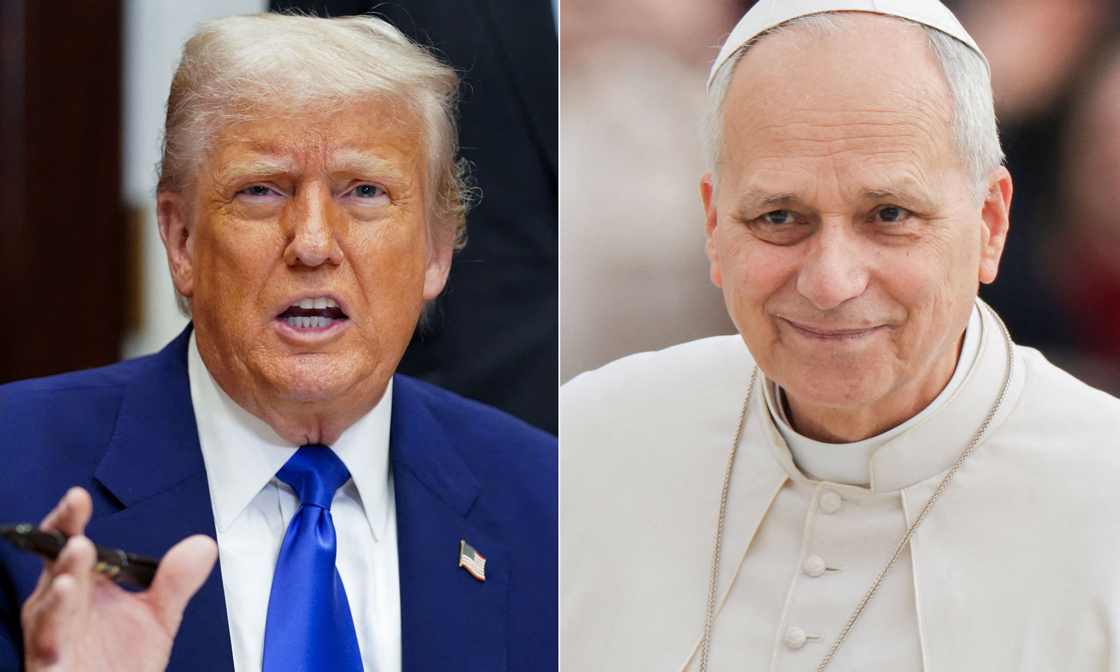 Split image showing President Donald Trump speaking and gesturing on the left, and Pope Leo XIV in white papal attire smiling on the right.