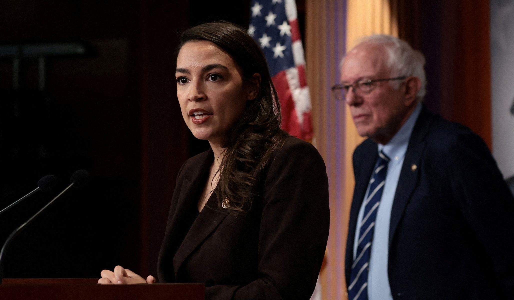 Rep. Alexandria Ocasio-Cortez (D., N.Y.) speaks as she and Senator Bernie Sanders (I., Vt.) announce the Artificial Intelligence Data Center Moratorium Act on Capitol Hill in Washington, D.C., March 25, 2026.