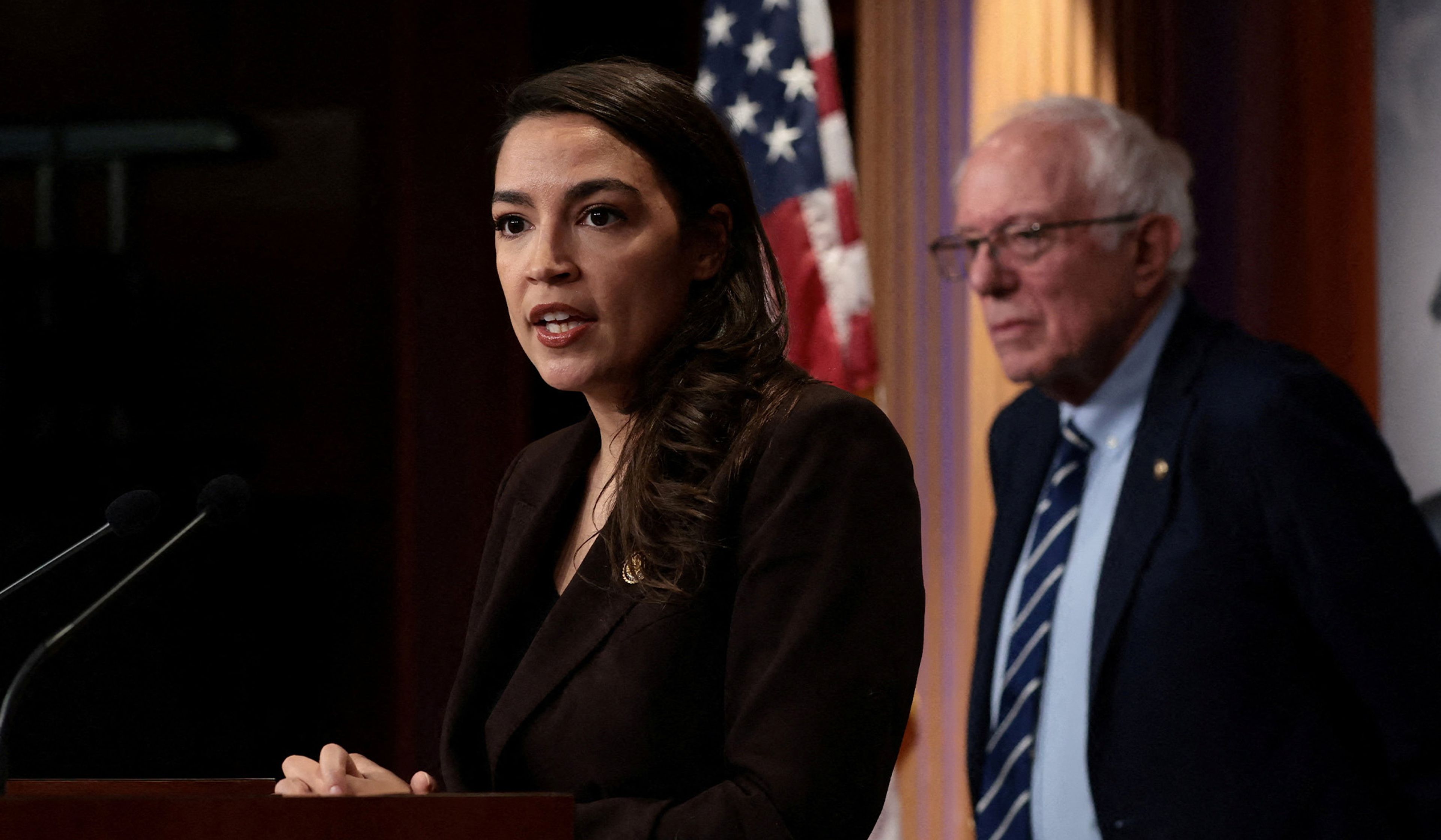 Rep. Alexandria Ocasio-Cortez (D., N.Y.) speaks as she and Senator Bernie Sanders (I., Vt.) announce the Artificial Intelligence Data Center Moratorium Act on Capitol Hill in Washington, D.C., March 25, 2026.