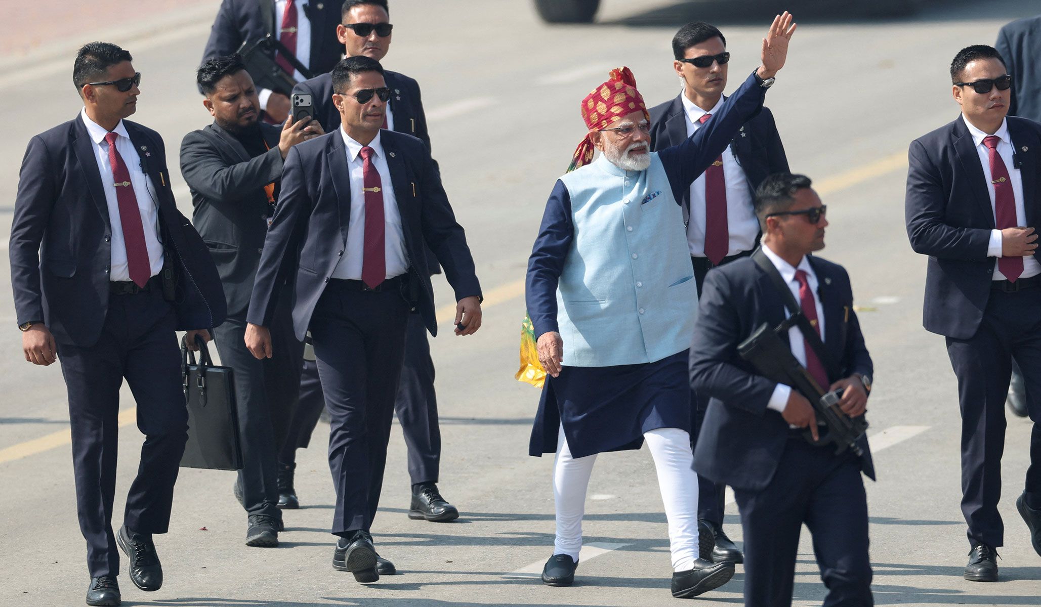 Indian Prime Minister Narendra Modi waves as he leaves after attending the Republic Day parade in New Delhi, India, January 26, 2026.