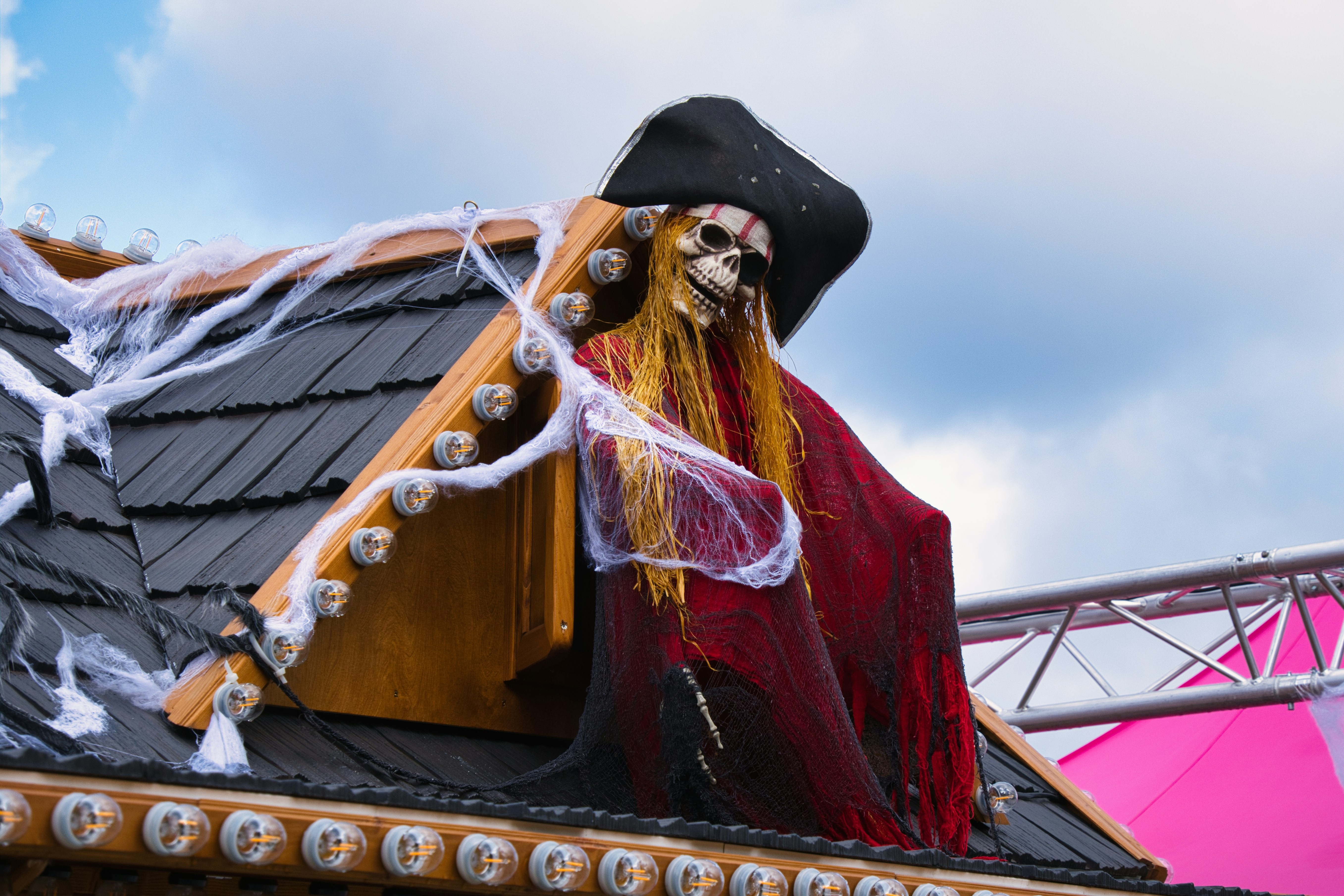 Image Pirate skeleton and cobwebs on a haunted house roof, a setting where a haunted house injury can happen.