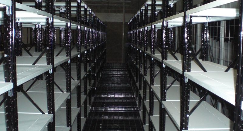 Long aisle of black steel shelving units in a parts storage room