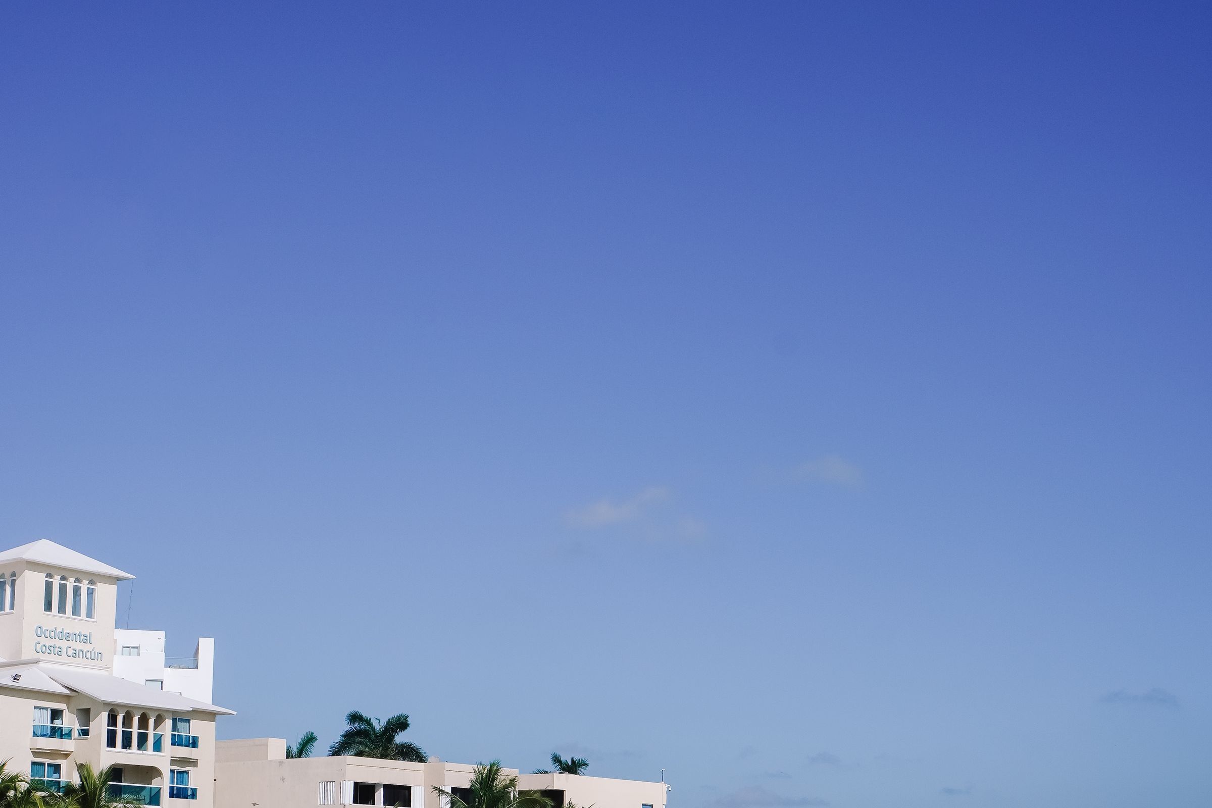 Playa con hotel y palmeras en Cancún, Quintana Roo.