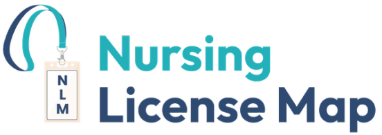Logo for Nursing License Map, featuring a badge on a lanyard.