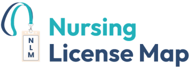 Logo for Nursing License Map, featuring a badge on a lanyard.