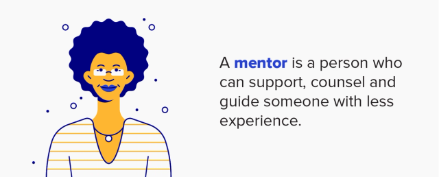 Illustration of a person with curly hair and glasses next to text defining a mentor.