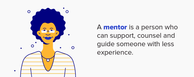 Illustration of a person with curly hair and glasses next to text defining a mentor.