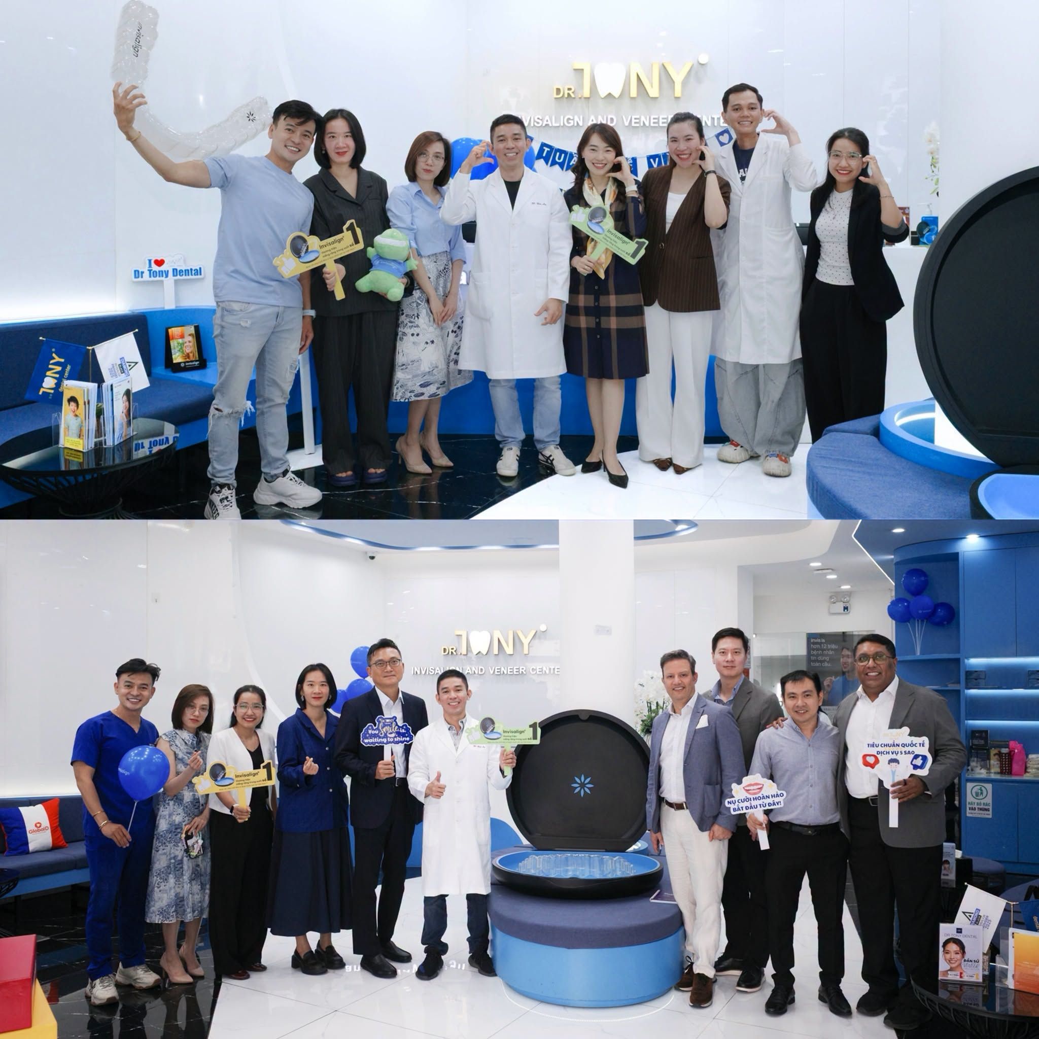 Phái đoàn Align Technology và đội ngũ Dr Tony Dental chụp chung tại sảnh phòng khám, phía sau là bảng hiệu “DR. TONY — Invisalign and Veneer Center”.