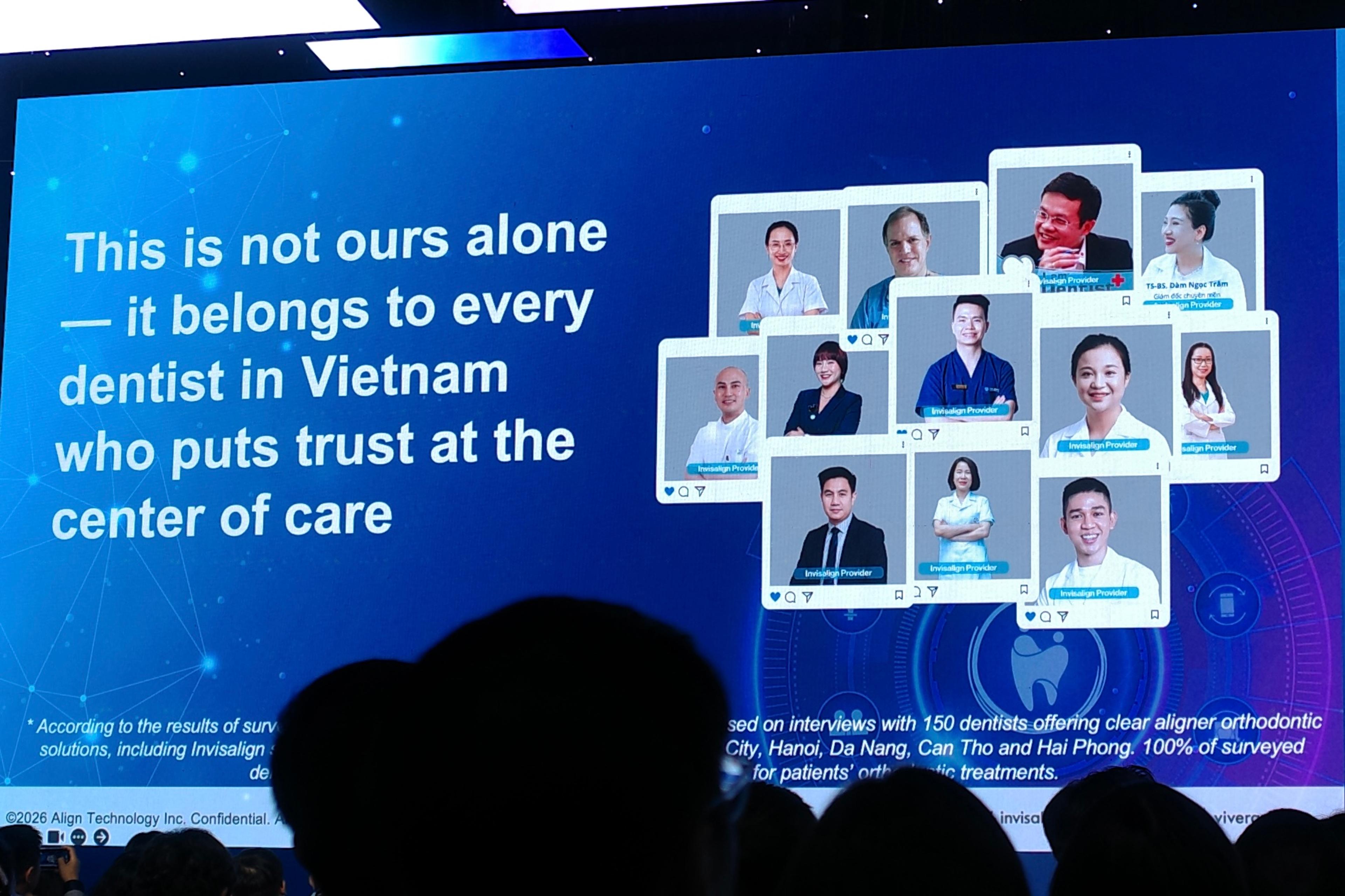 Màn hình trình chiếu dòng chữ “This is not ours alone — it belongs to every dentist in Vietnam who puts trust at the center of care”, bên cạnh là các thẻ chân dung bác sĩ gắn nhãn “Invisalign Provider”; chân màn hình là ghi chú nguồn khảo sát.