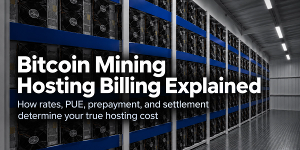 Rows of Bitcoin mining machines in a hosting facility with the headline Bitcoin Mining Hosting Billing Explained.