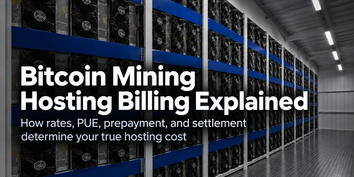 Rows of Bitcoin mining machines in a hosting facility with the headline Bitcoin Mining Hosting Billing Explained.