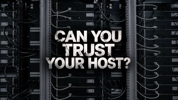Echte Bergbau-Regale wurden für ein dramatisches Titelbild abgedunkelt, auf denen in abgenutzter weißer Schrift die Frage „Can You Trust Your Host?“ zu lesen ist.