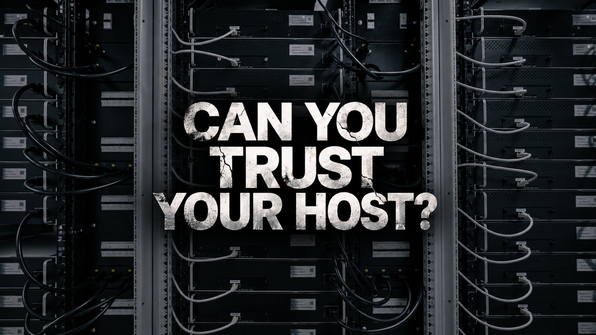 Real mining racks darkened for a dramatic cover with distressed white lettering reading Can You Trust Your Host?