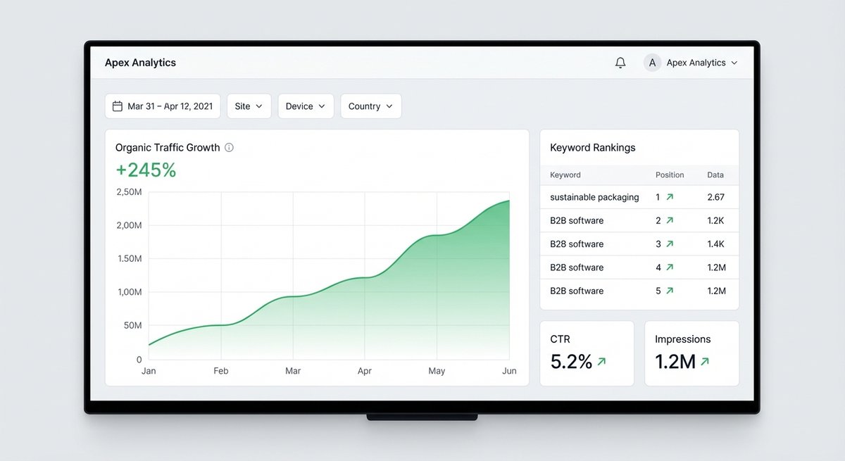 Analytics dashboard showing organic traffic growth, keyword rankings, click-through rate and impressions