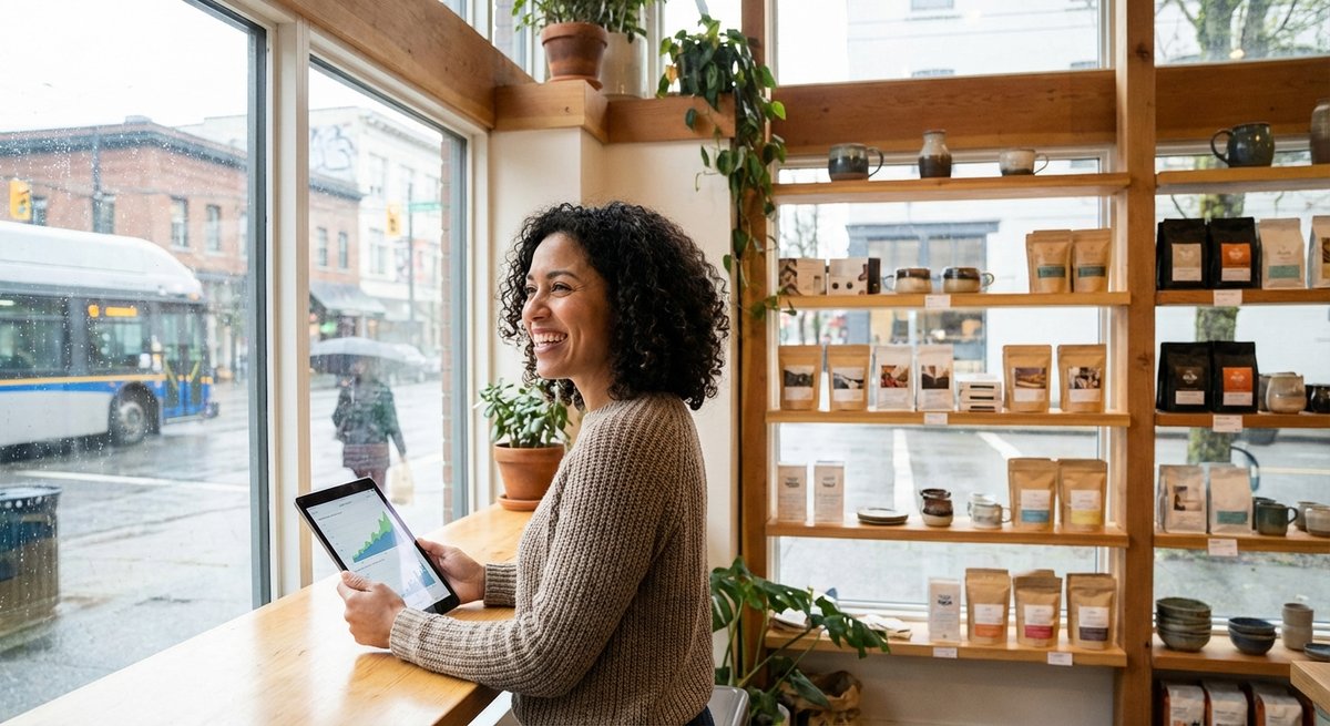 Smiling woman reading a tablet at a window seat in a shop