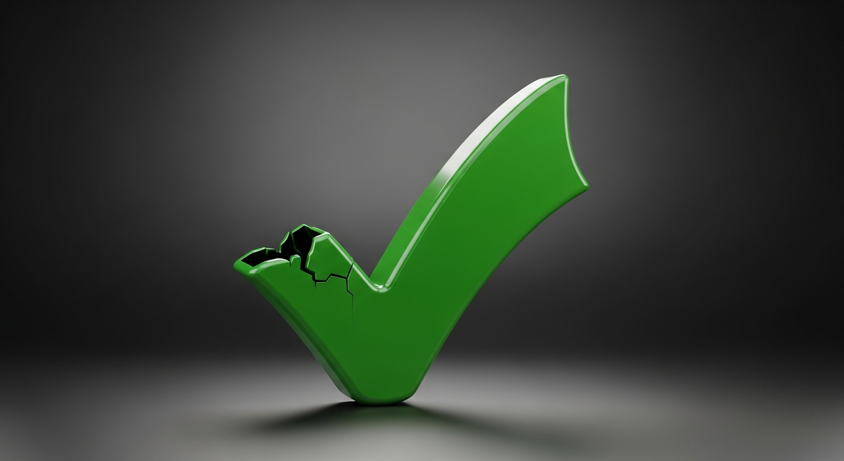 A glossy green checkmark that is subtly hollow and cracked — the green check that lies