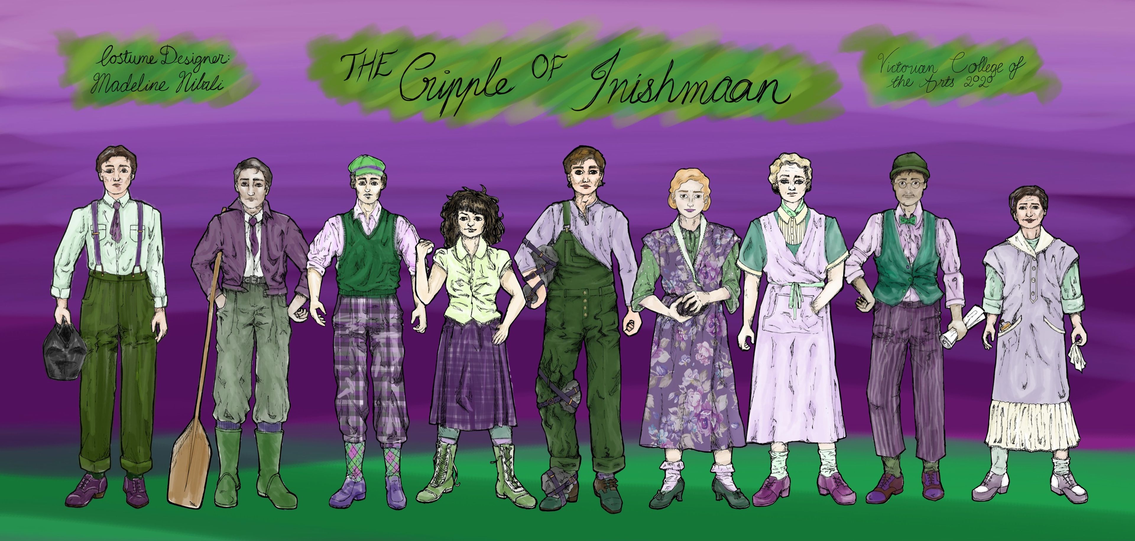 Illustration of costume designs featuring characters in detailed attire reflecting rural Irish fashion