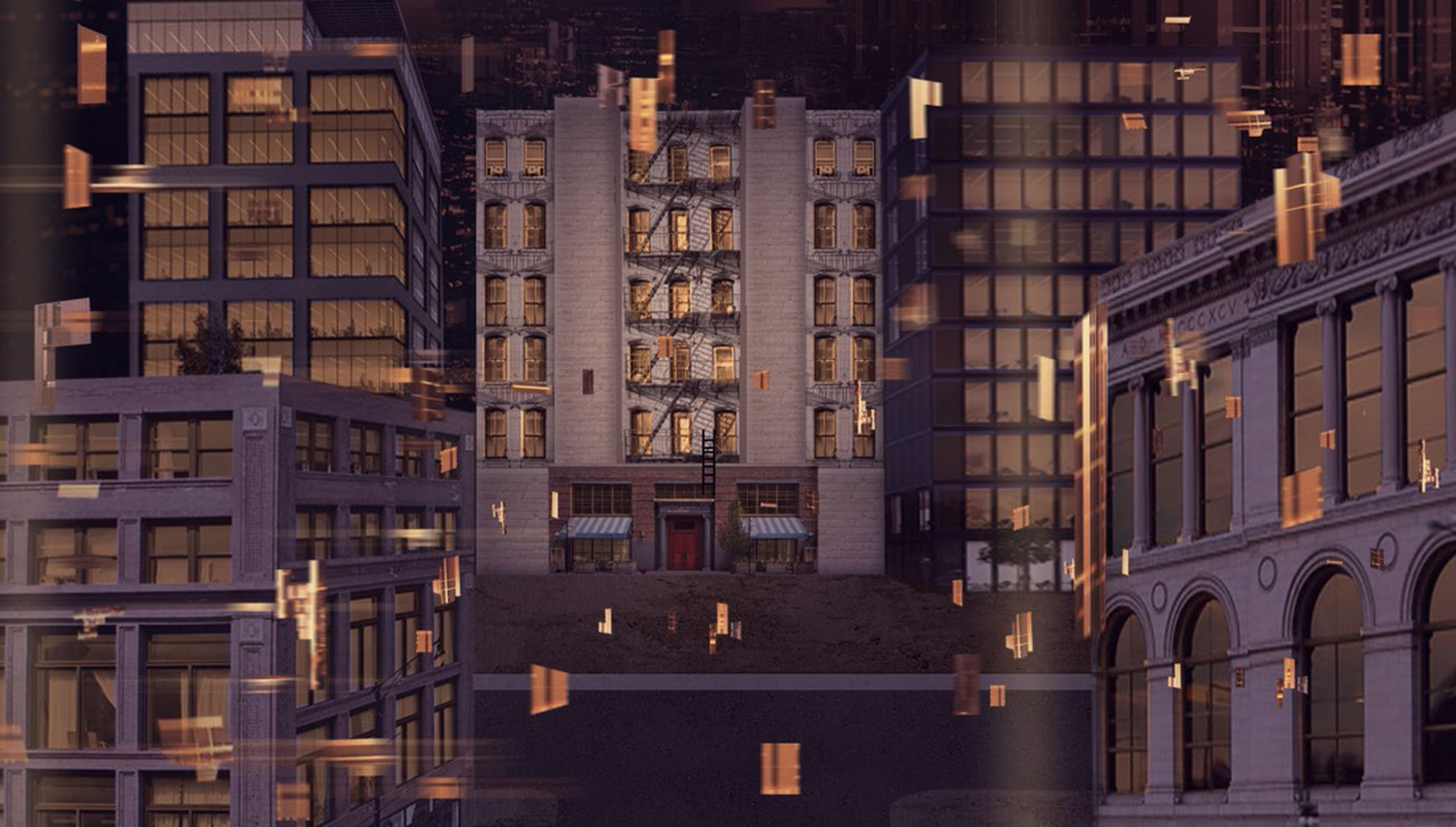 A digital rendering of a cityscape featuring a central six-story building with fire escapes, flanked by modern and historic-style buildings. Warm lighting illuminates the windows 