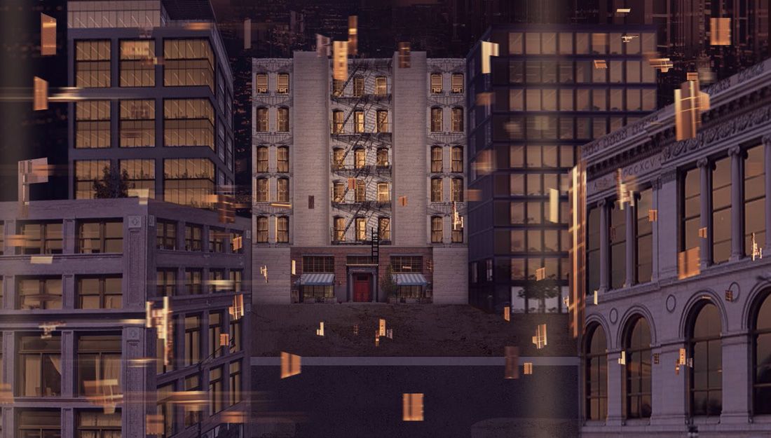 A digital rendering of a cityscape featuring a central six-story building with fire escapes, flanked by modern and historic-style buildings. Warm lighting illuminates the windows