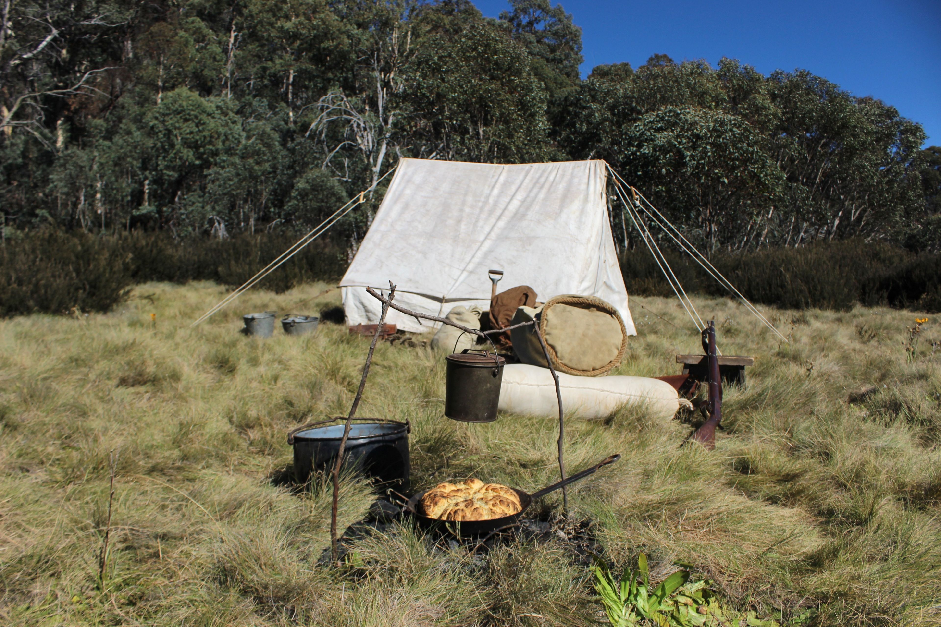 A rustic campsite with a canvas tent, cooking setup, and camping gear in a grassy field surrounded by trees