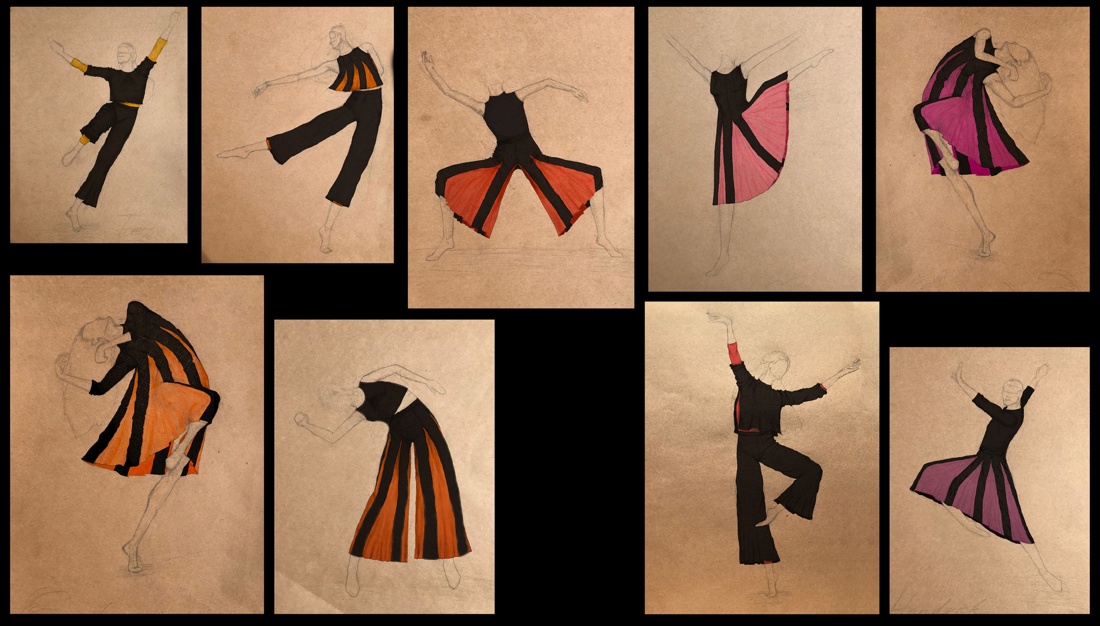 A collection of costume sketches for dancers, featuring dynamic poses and designs. The costumes include bold color with black, orange, red, and pink, incorporating flowing skirts, wide pants, and geometric patterns