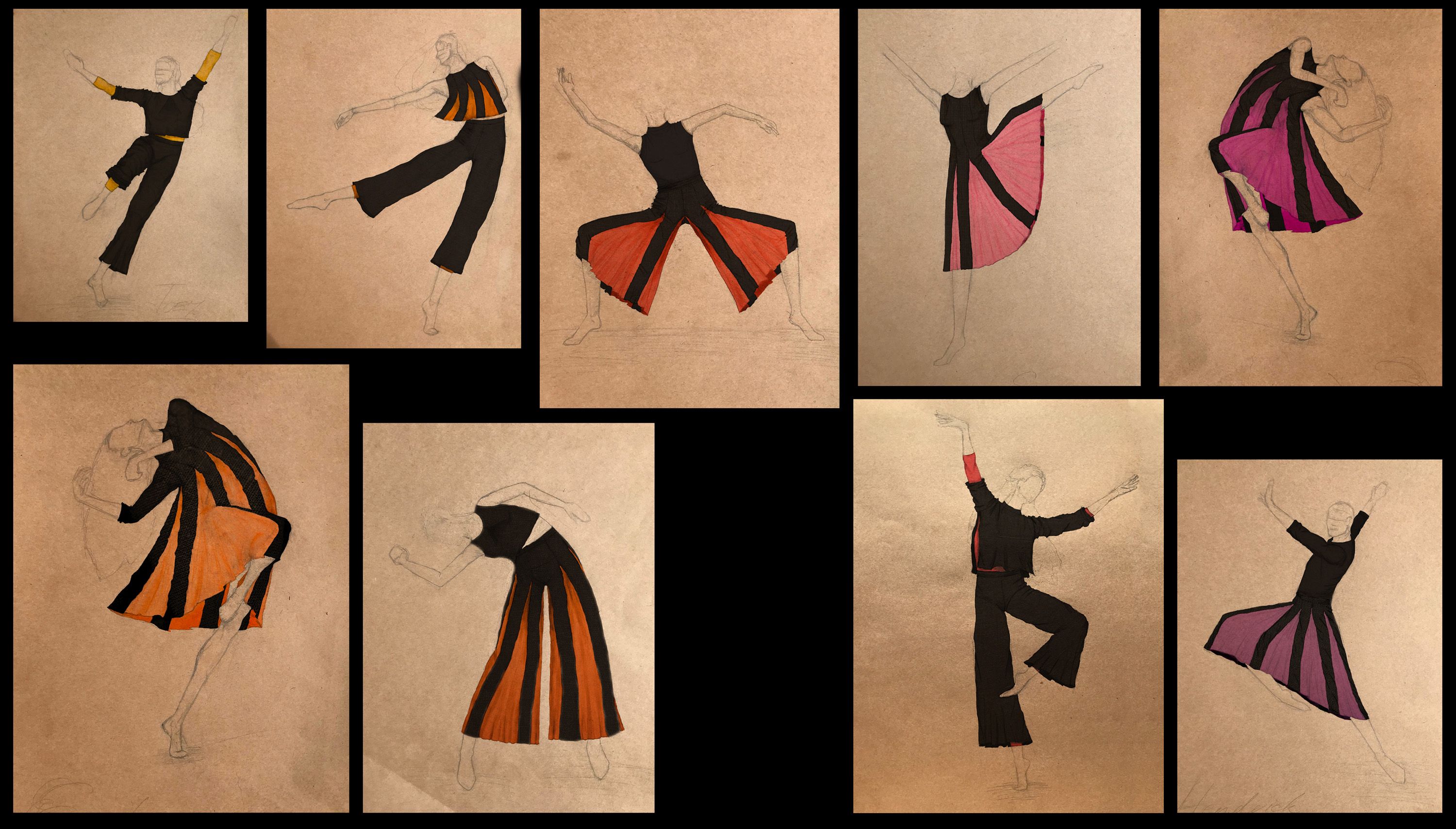 A collection of costume sketches for dancers, featuring dynamic poses and designs. The costumes include bold color with black, orange, red, and pink, incorporating flowing skirts, wide pants, and geometric patterns