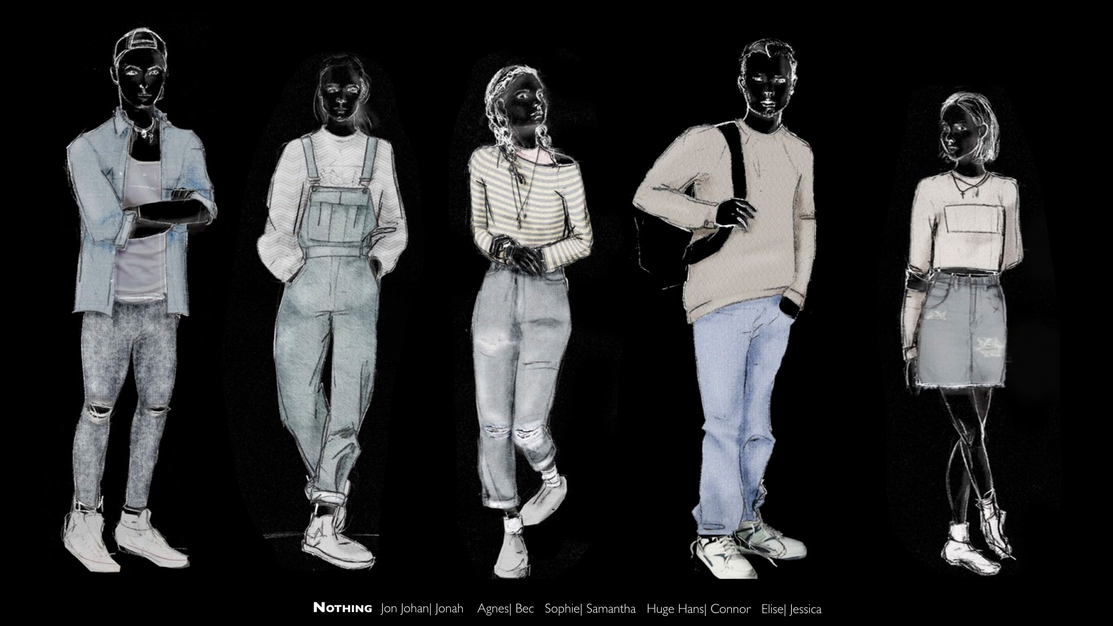 Costume design illustration featuring sketched characters in casual, contemporary outfits including jeans, overalls, and sweaters